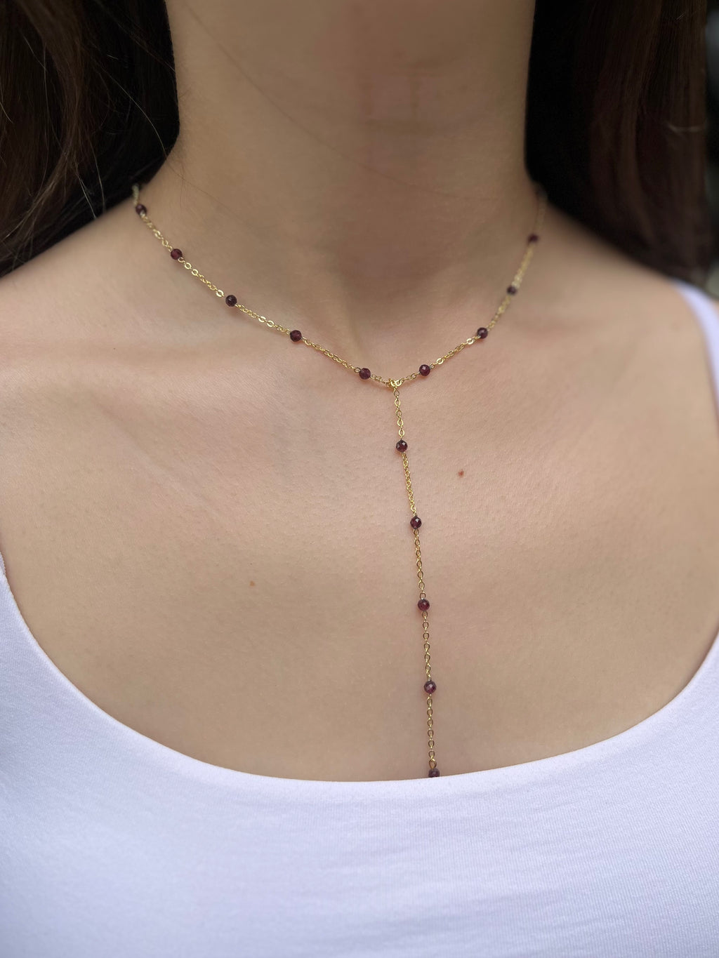 Lariat Garnet necklace , 18K gold plated
