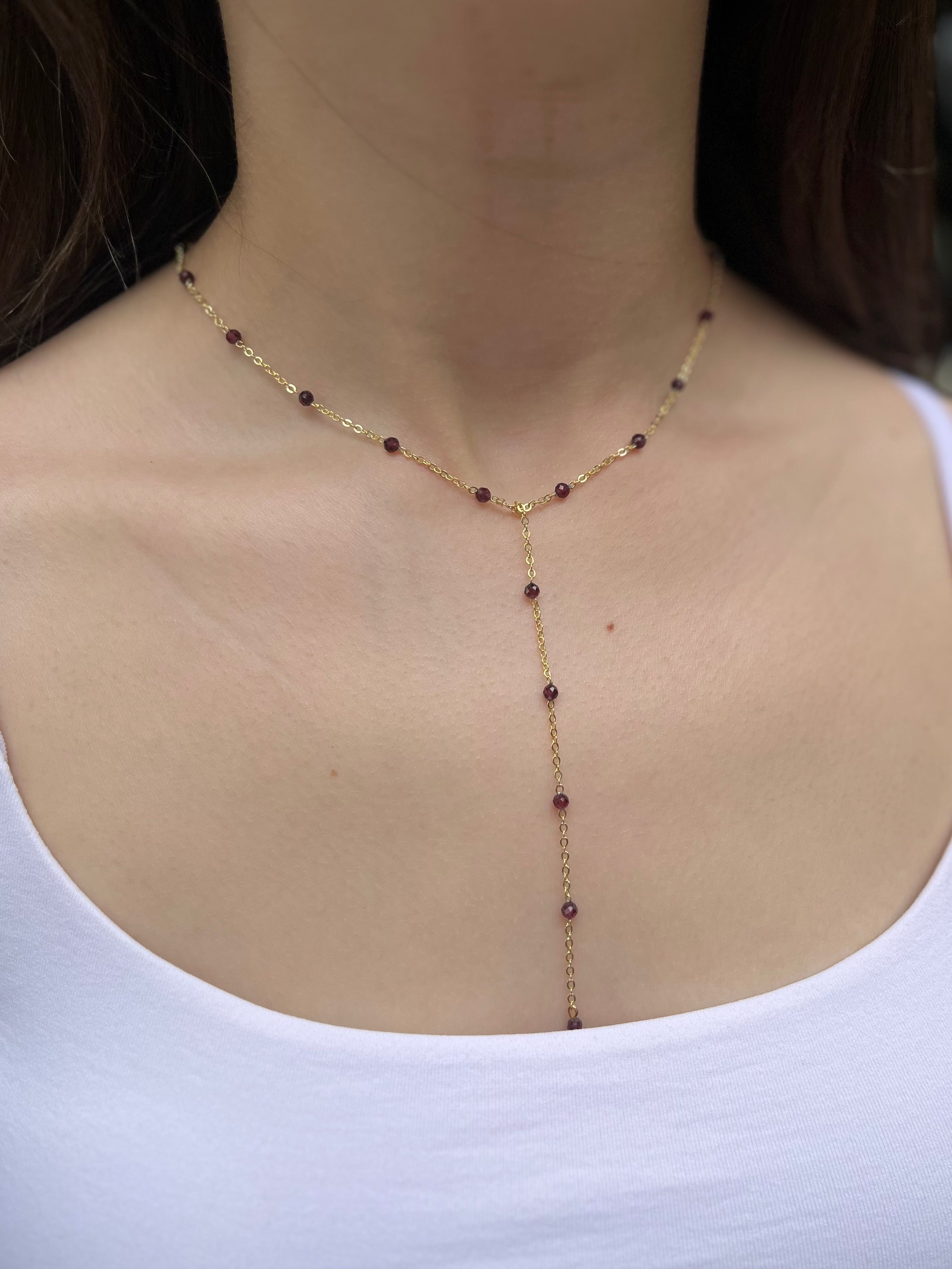 Lariat Garnet necklace , 18K gold plated