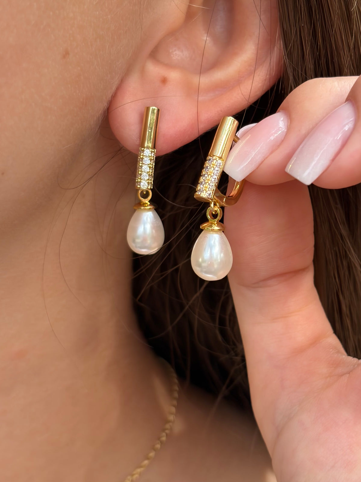 Pearl Drop Zirconia Earrings, 18K gold plated