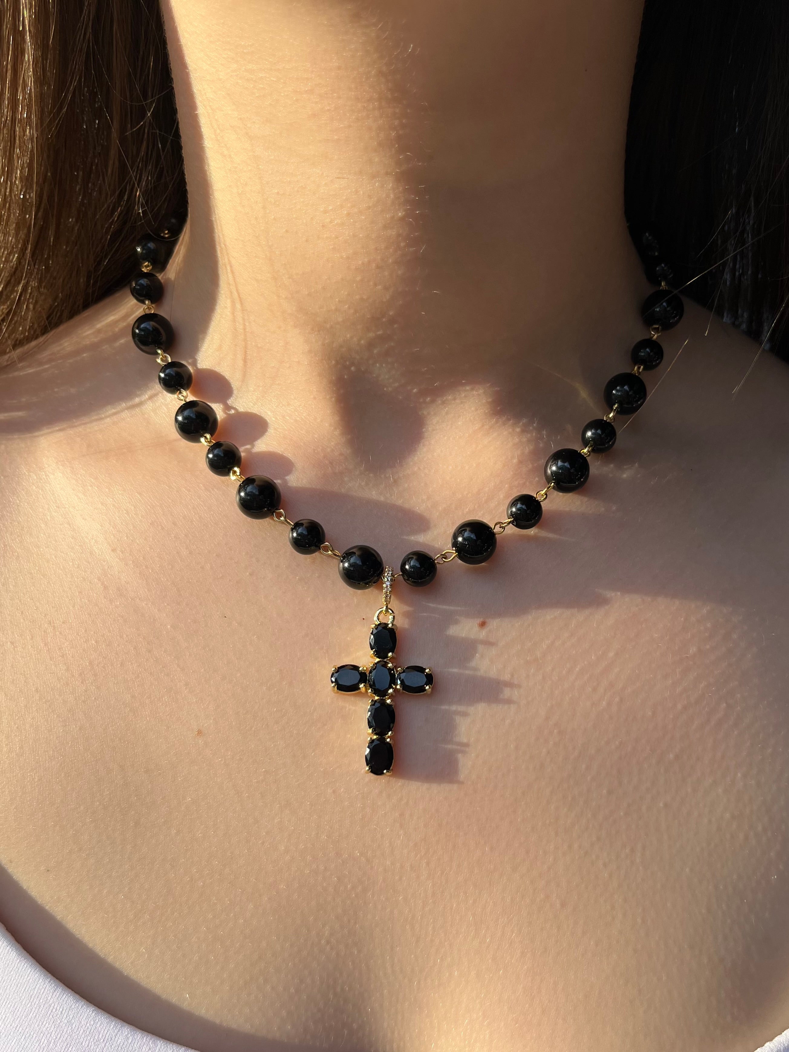 Black Onyx Necklace– 18K Gold Plated Zirconia Cross
