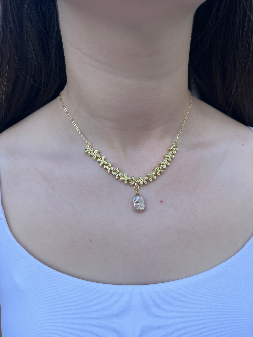 Baroque Pearl and zirconia Y-Necklace, 18k gold plated