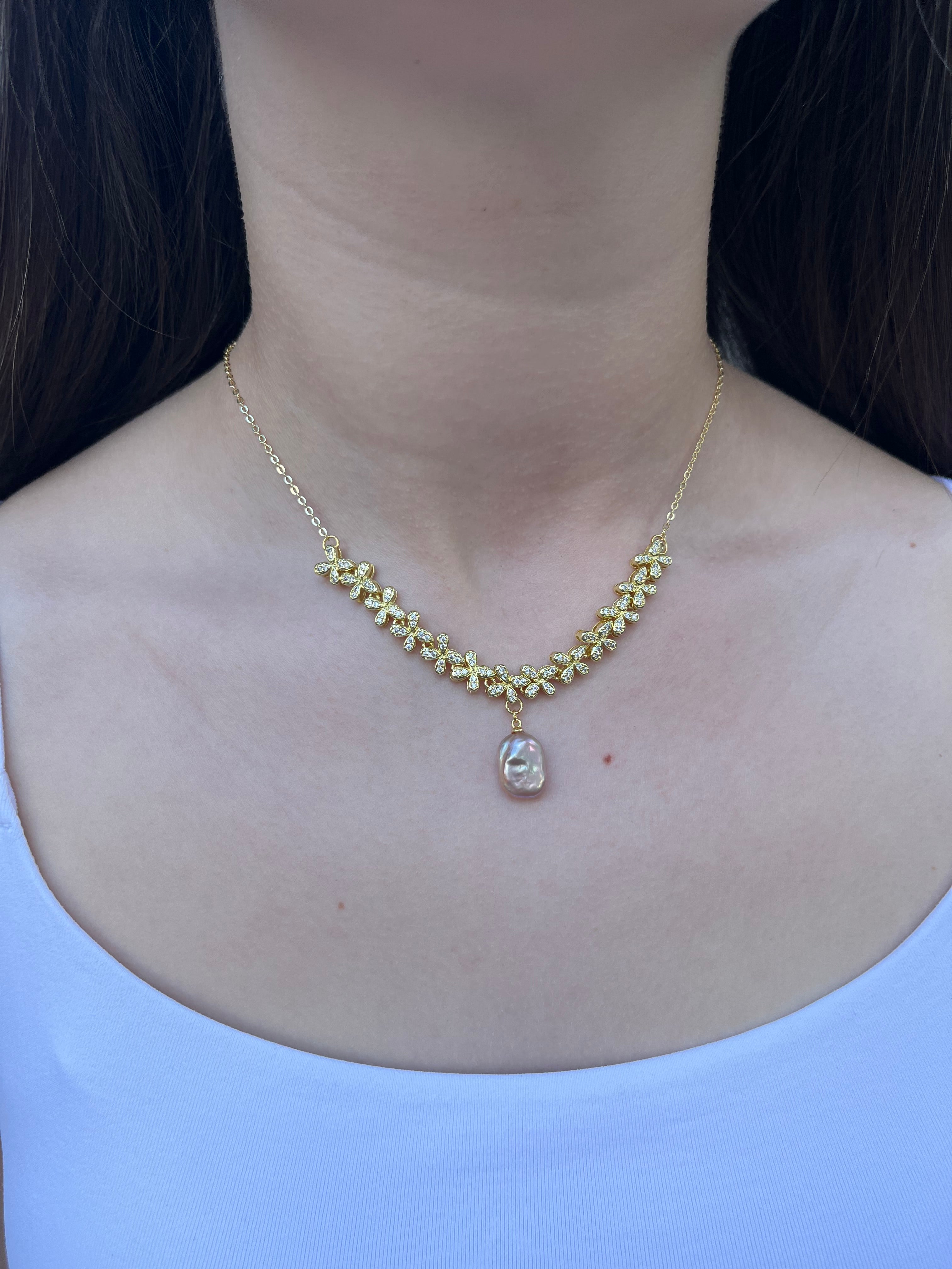 Baroque Pearl and zirconia Y-Necklace, 18k gold plated