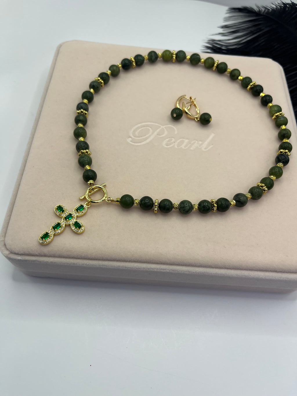 Set: Natural Taiwan Jade Necklace with Zirconia Cross 18K Gold plated