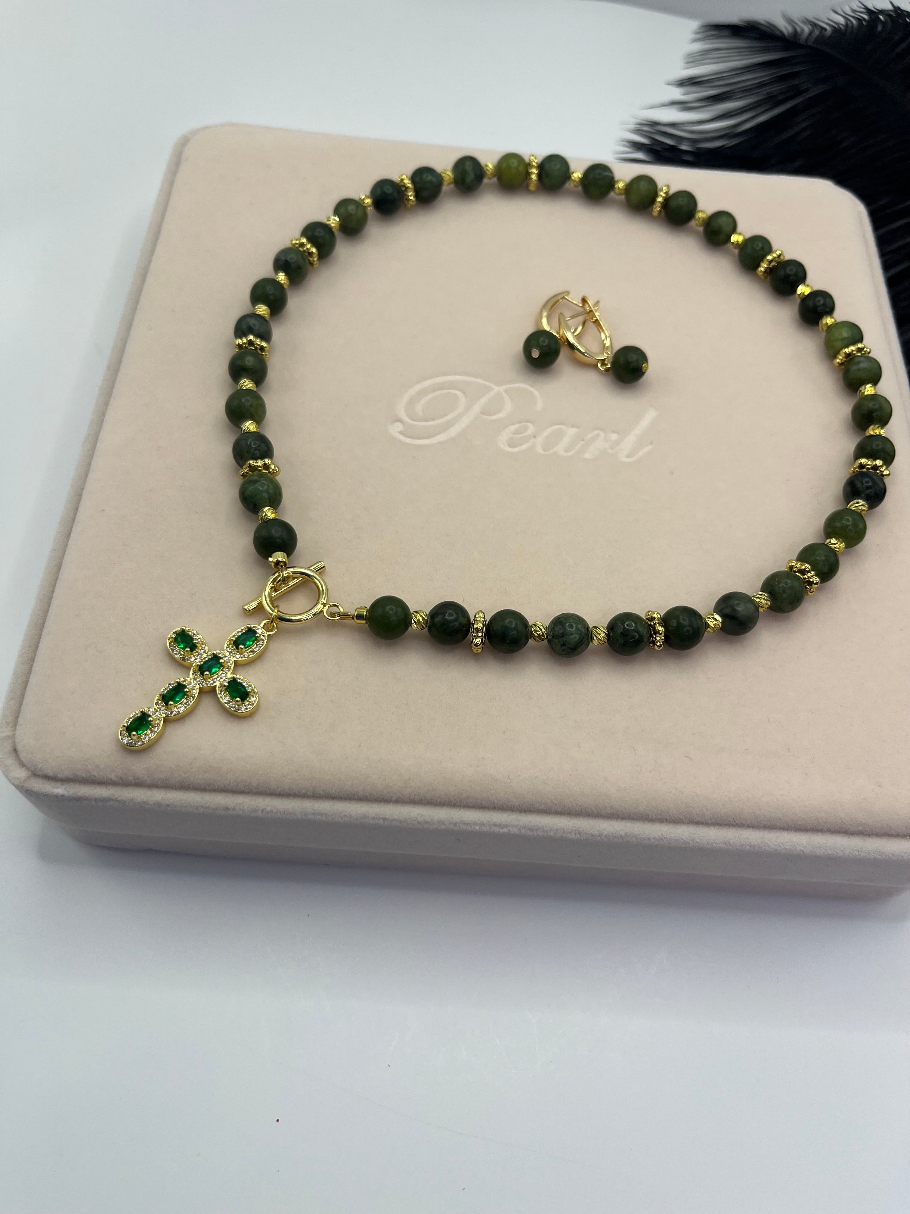 Set: Natural Taiwan Jade Necklace with Zirconia Cross 18K Gold plated