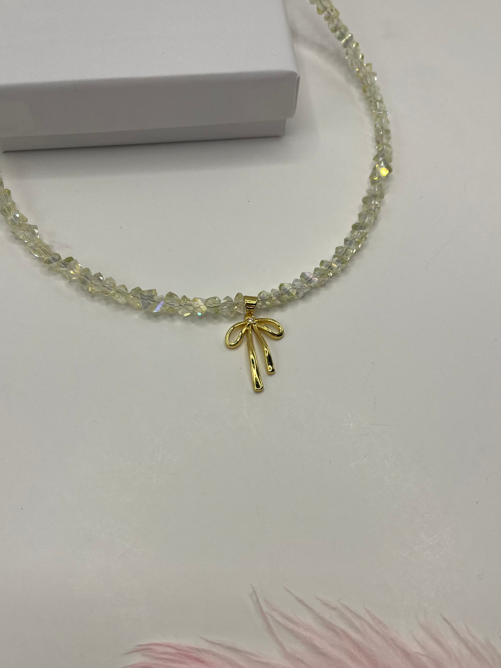 Crystal Glass Bead Choker: 18K Gold Bowknot Pendant