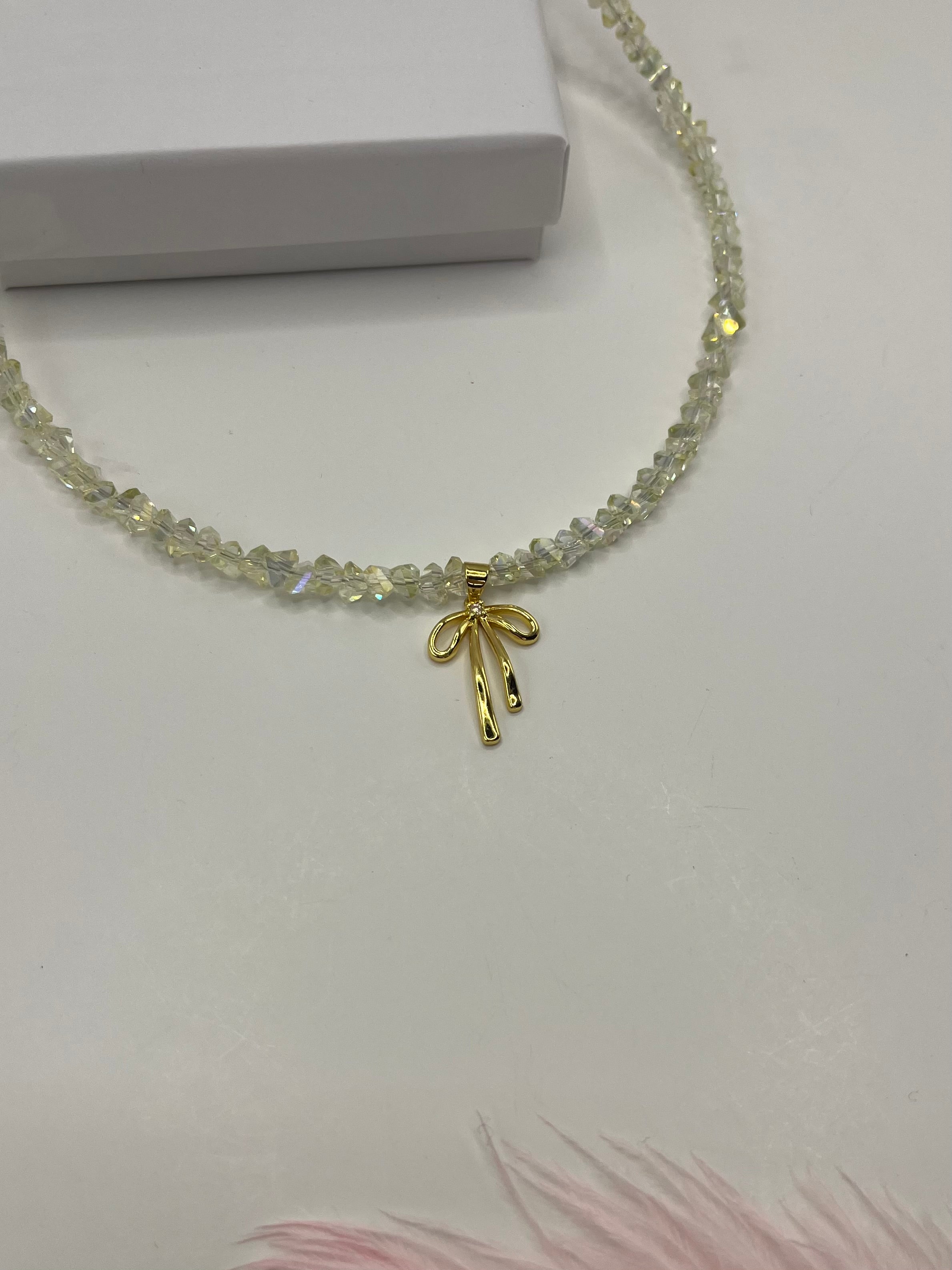 Crystal Glass Bead Choker: 18K Gold Bowknot Pendant