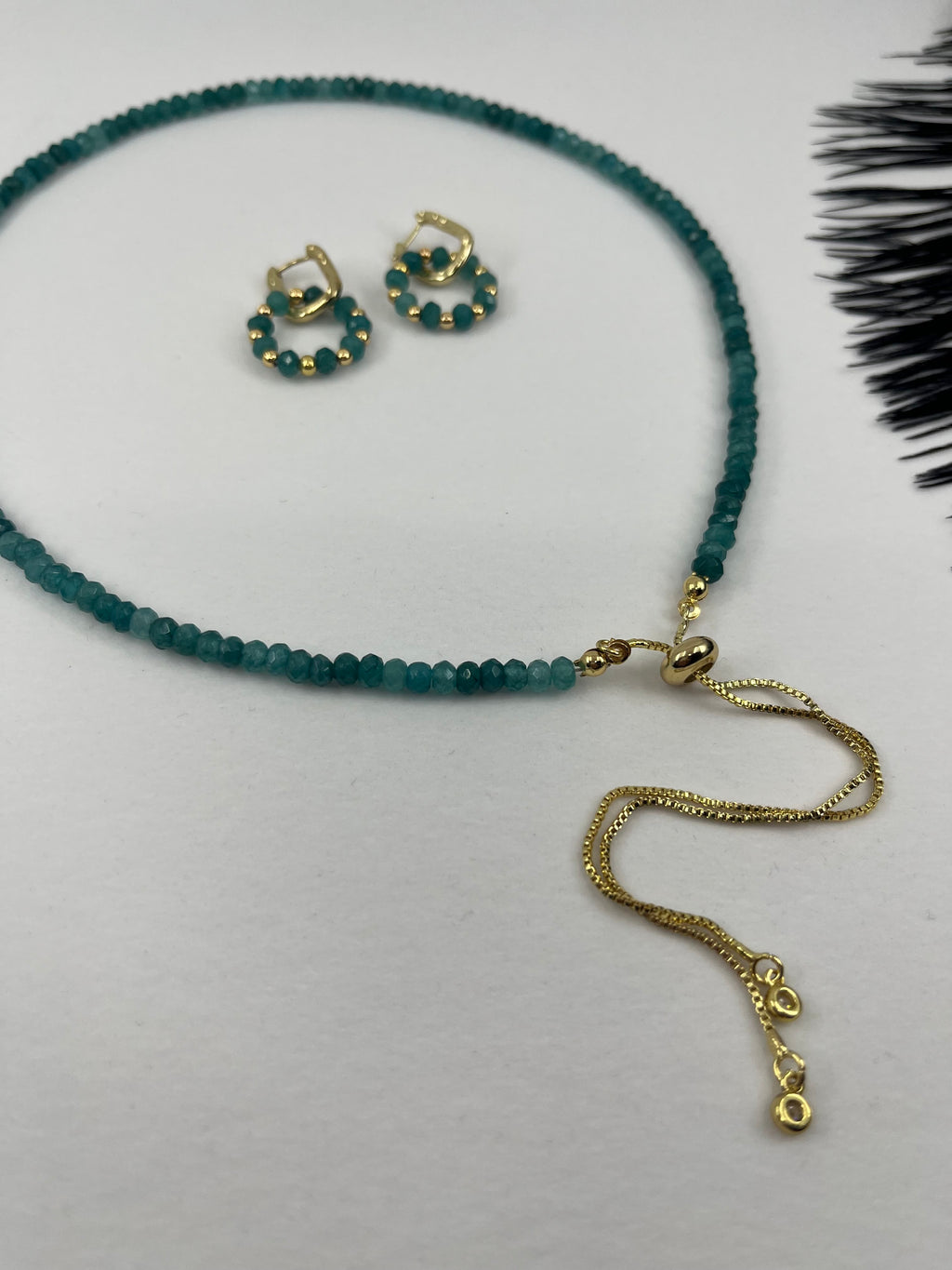 Set: Natural Malaysia Jade Y-Necklace & Earrings, Dark Cyan