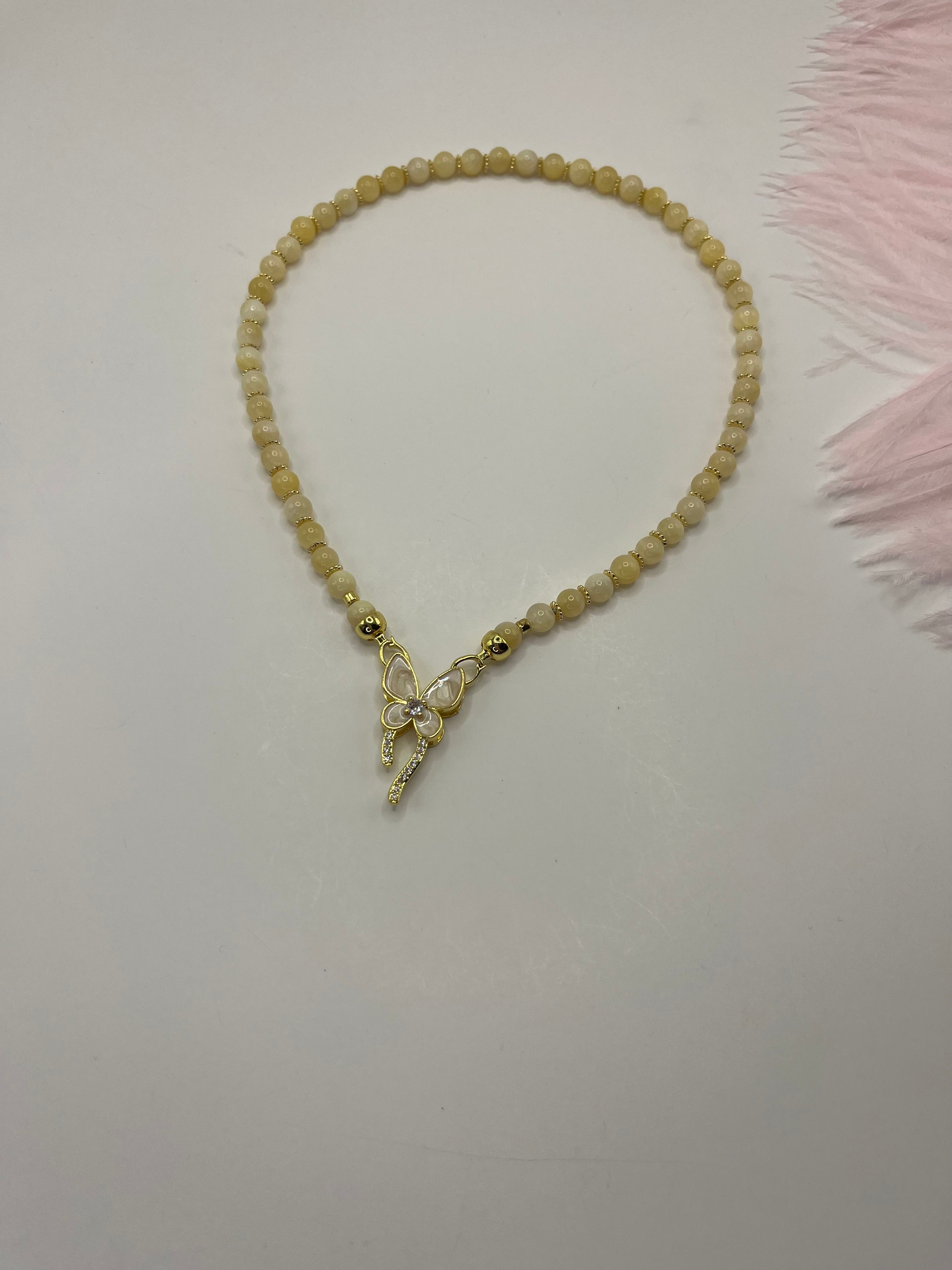 Topaz Jade Choker Necklace : 18K Gold Plated Zirconia Butterfly Clasp