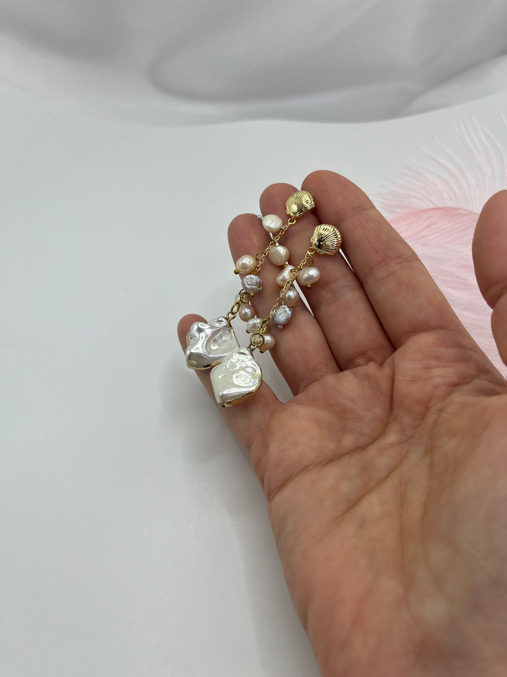 Long Natural Pearl Drop Earrings with baroque shell pendant