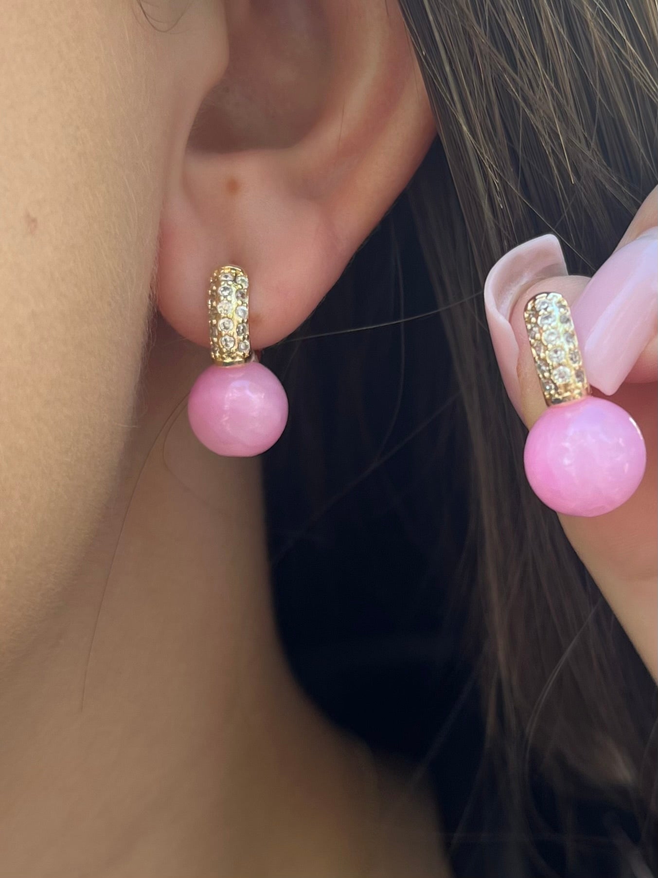 Natural pink Jade Gold Zirconia Earrings