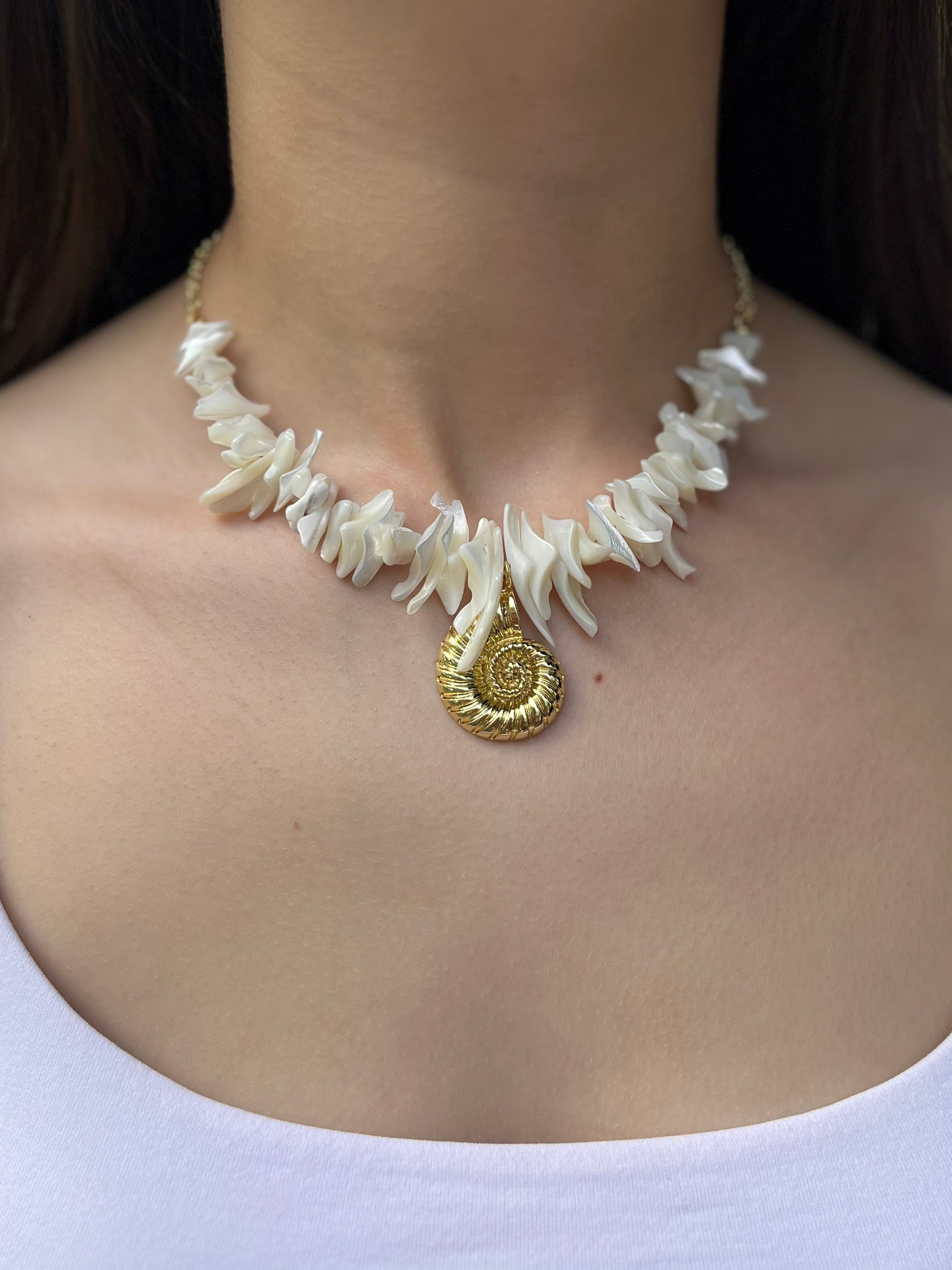 Natural Trochid Shell Necklace with Conch Charm, 18K Gold Plated
