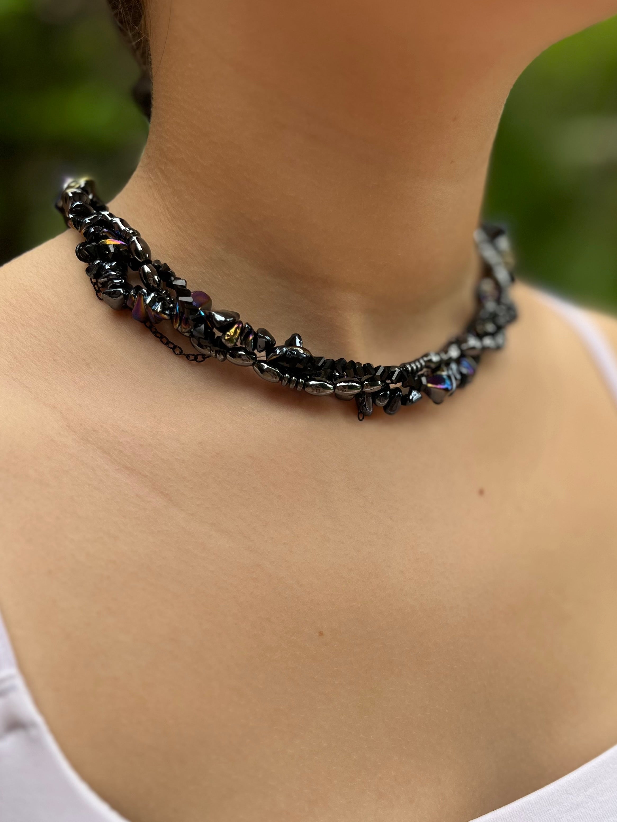 Layered Hematite choker necklace