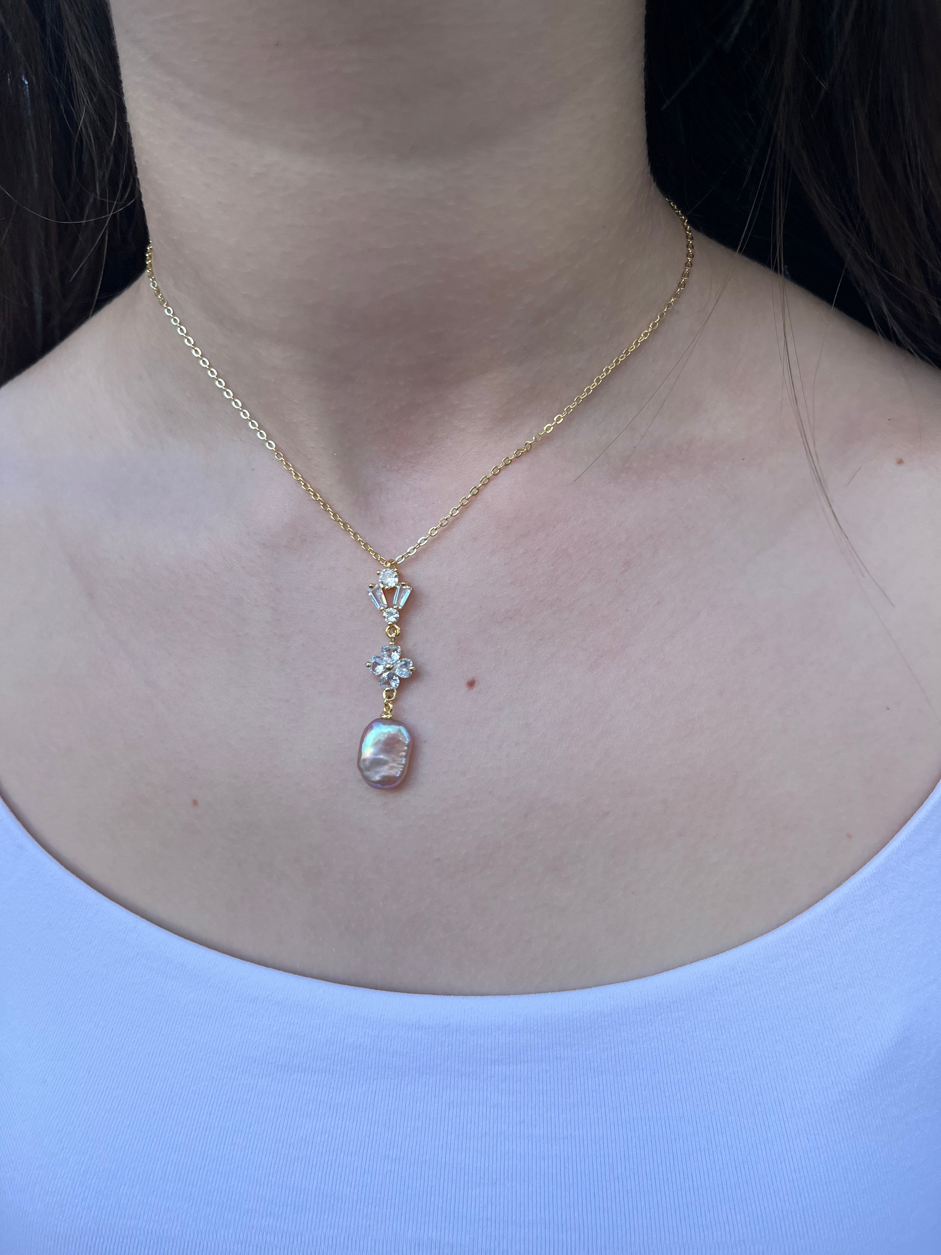 Baroque Pearl and zirconia Y-Necklace, 18k gold plated