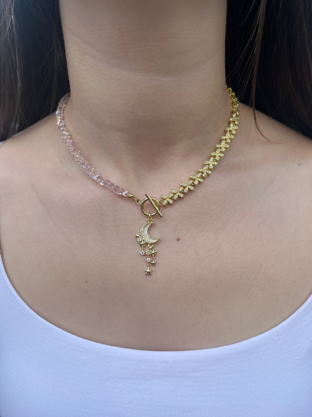 Asymmetrical Crystal Moon Necklace, 18k gold plated