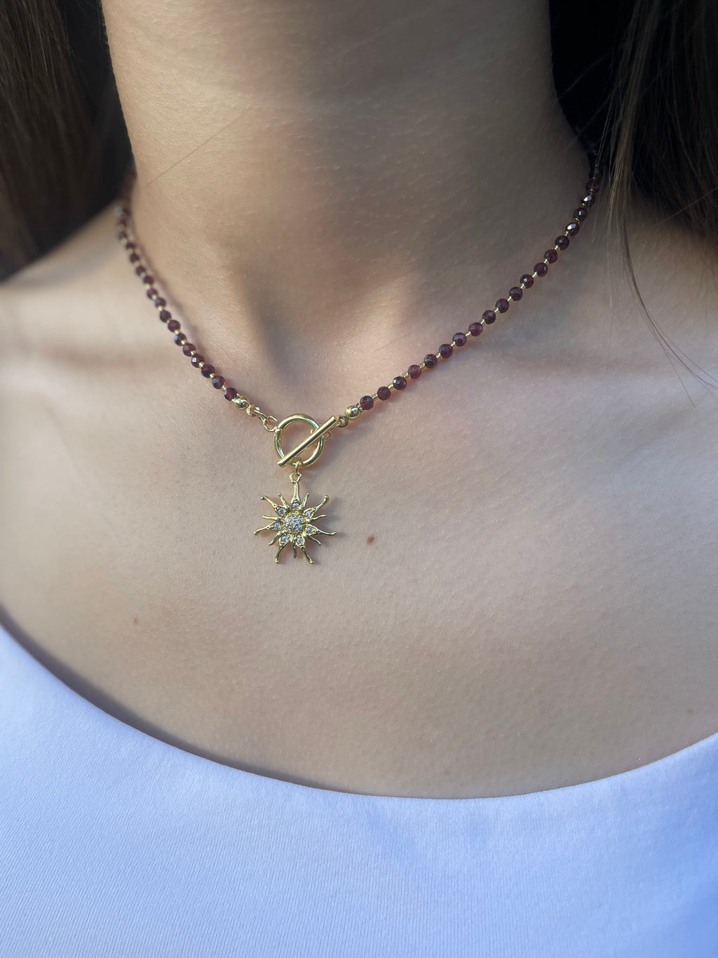 Garnet Sun necklace , 18K gold clasp