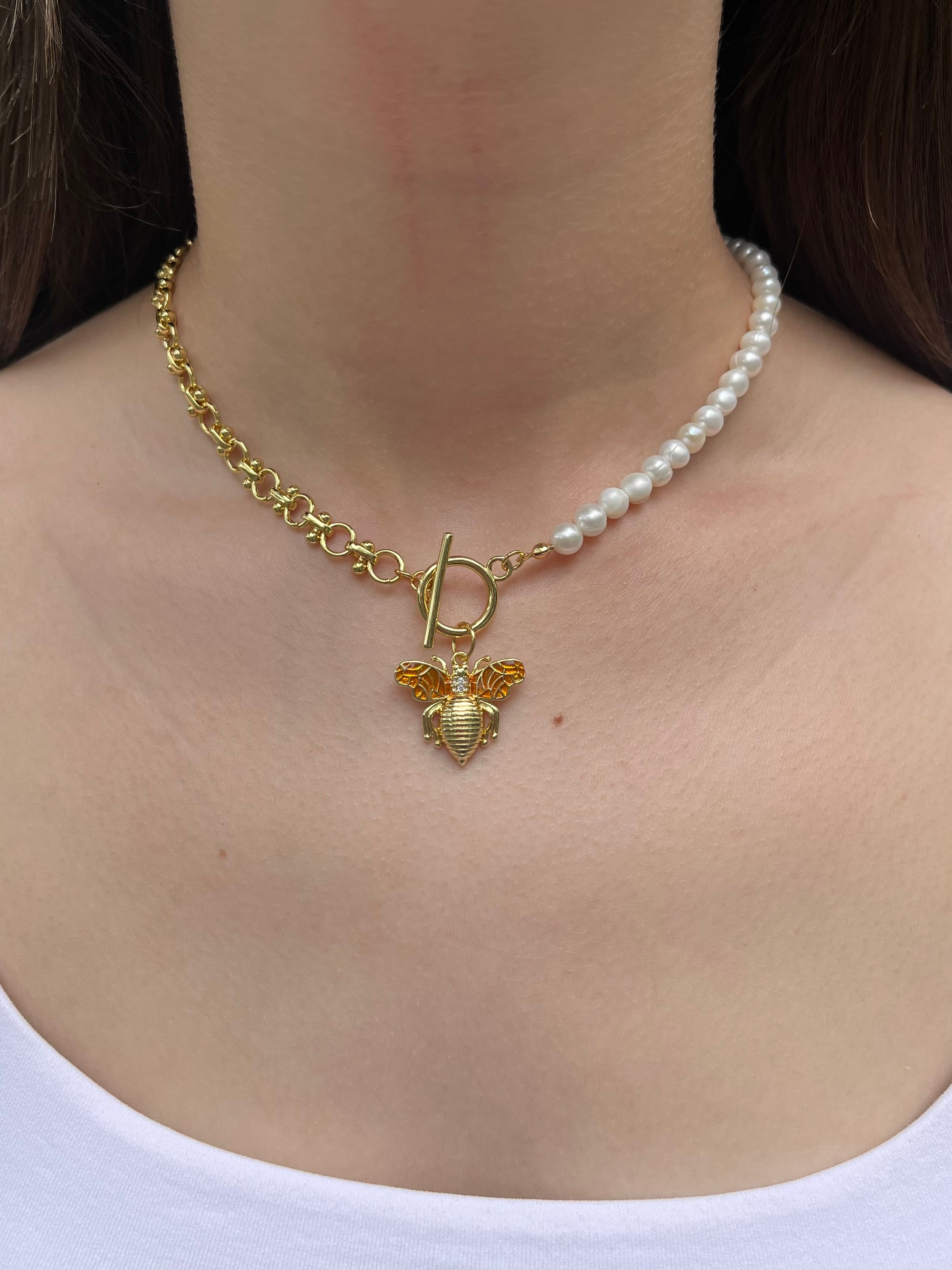 Asymmetrical Pearl Necklace with Bee Pendant, 18K Gold Plated Chain