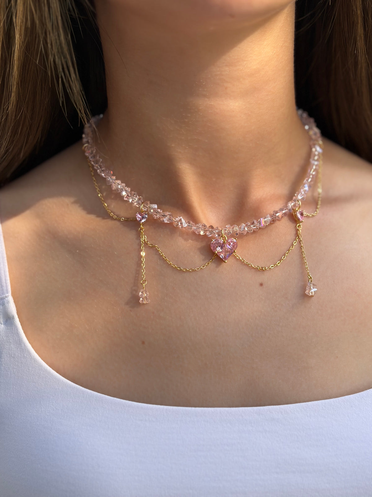 Handmade Crystal Hear Necklace, 18K Gold Plated