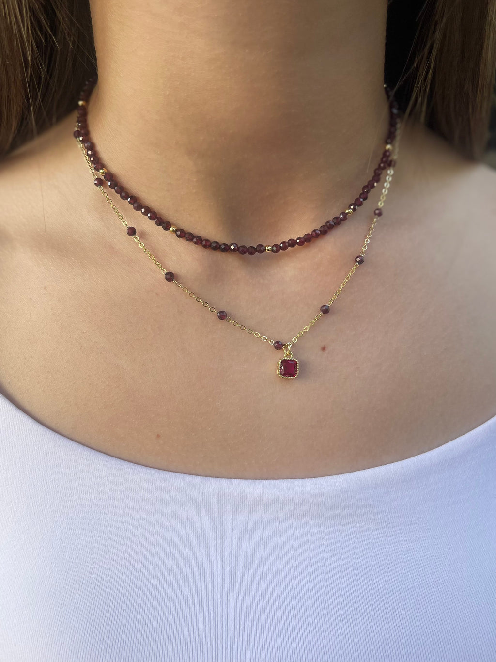 Layered Garnet necklace , 18K gold clasp