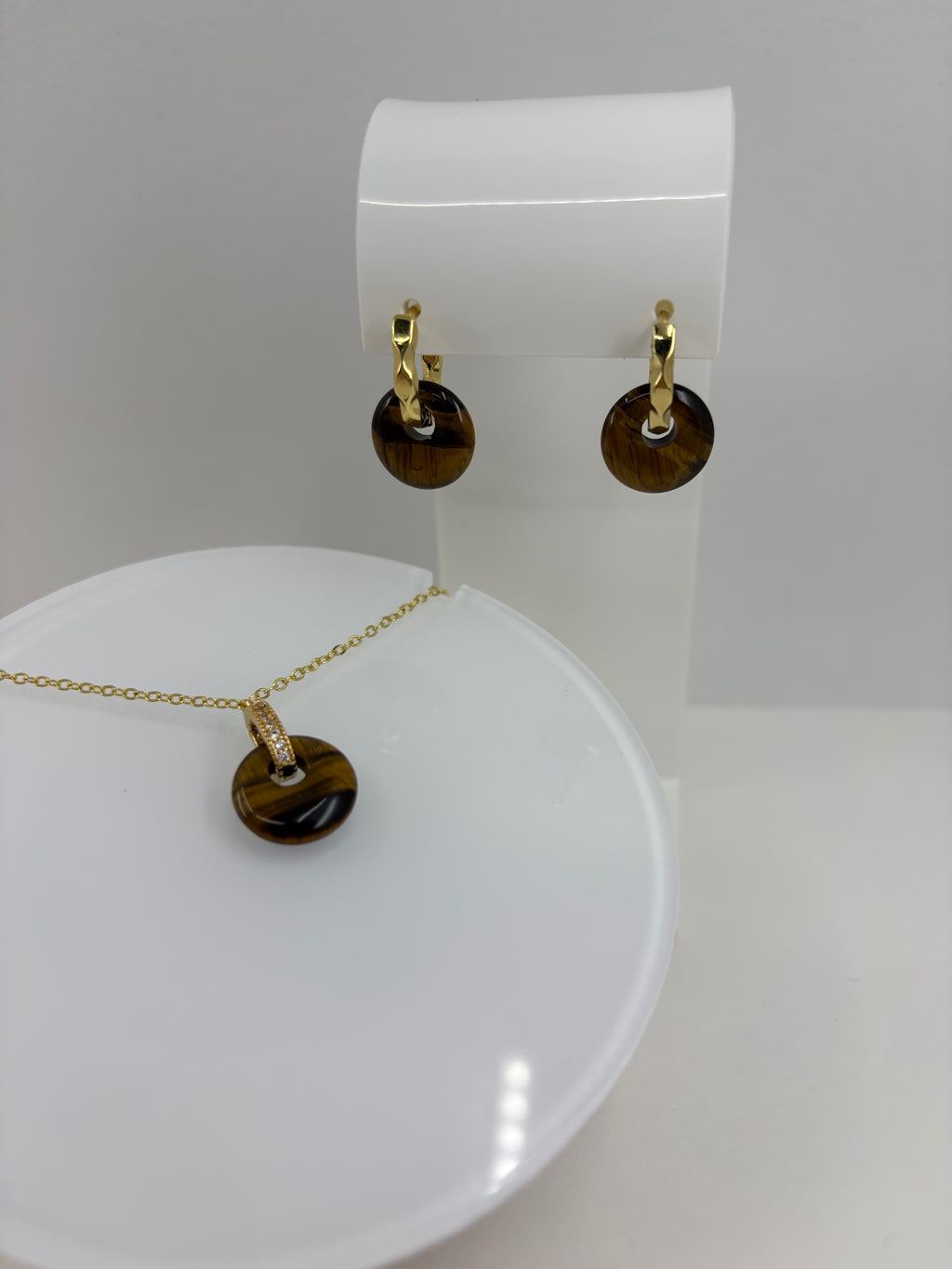 Tiger eye donut Earrings and Necklace,18K Gold Plated
