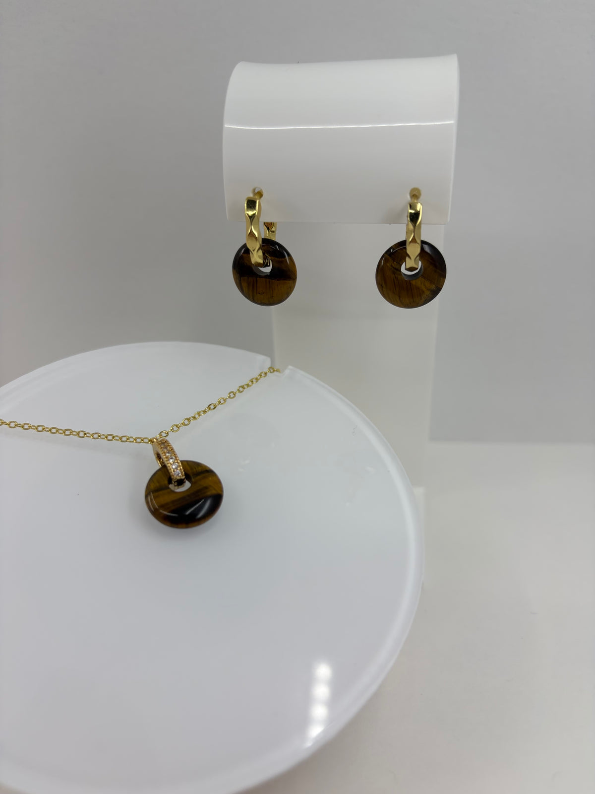 Tiger eye donut Earrings and Necklace,18K Gold Plated