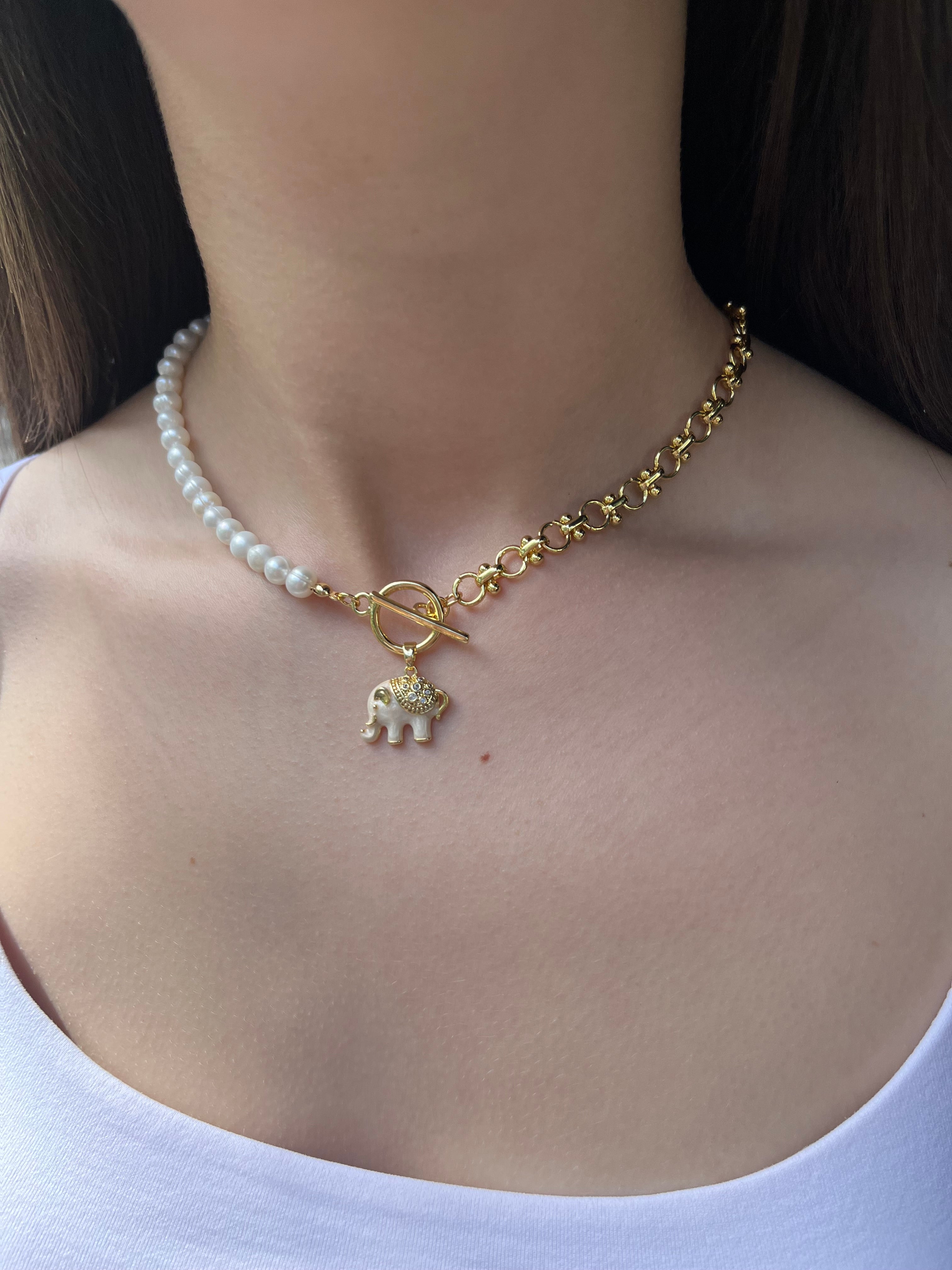 Asymmetrical Pearl Necklace with Elephant Pendant, 18K Gold Plated Chain
