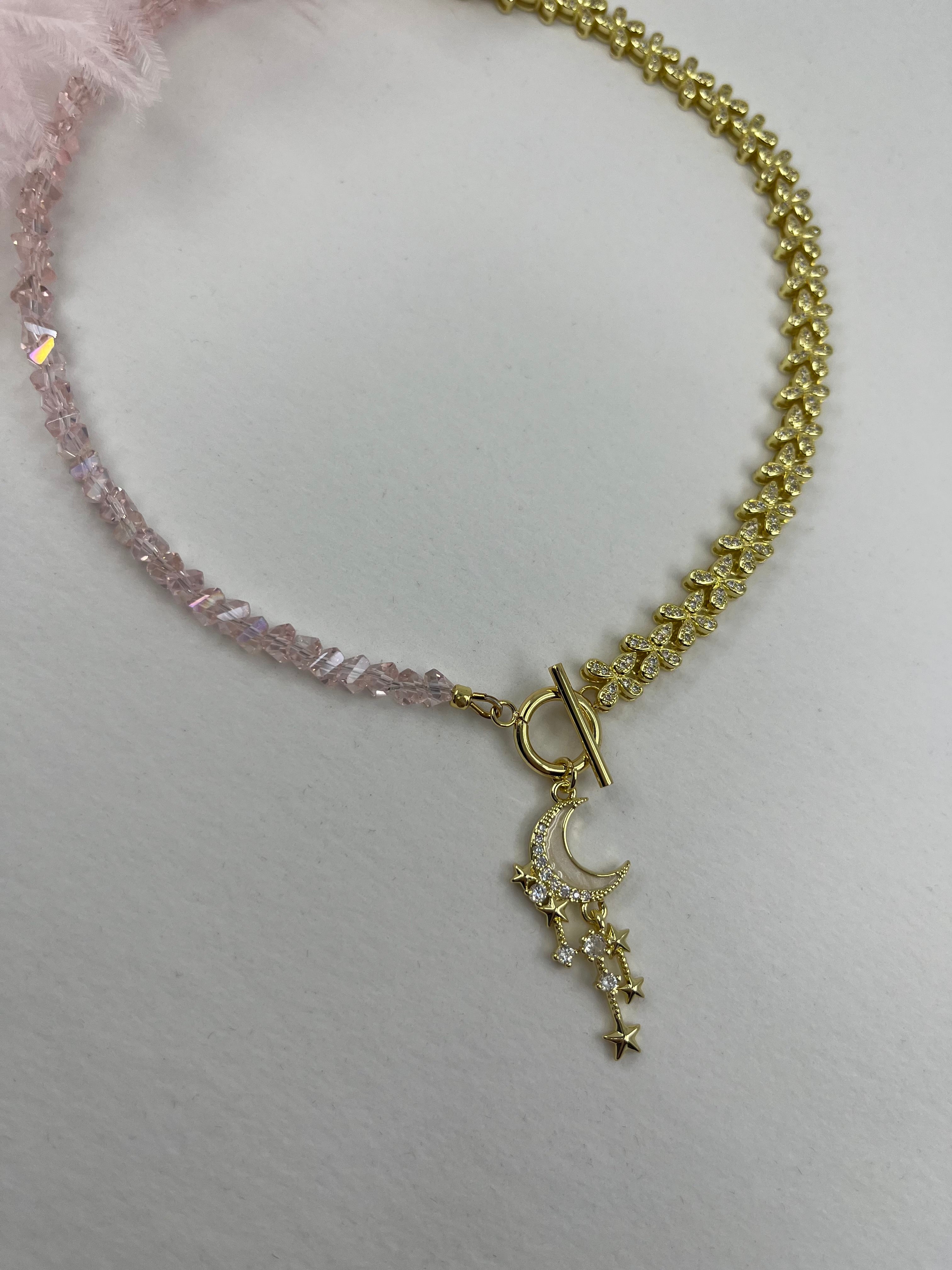 Asymmetrical Crystal Moon Necklace, 18k gold plated