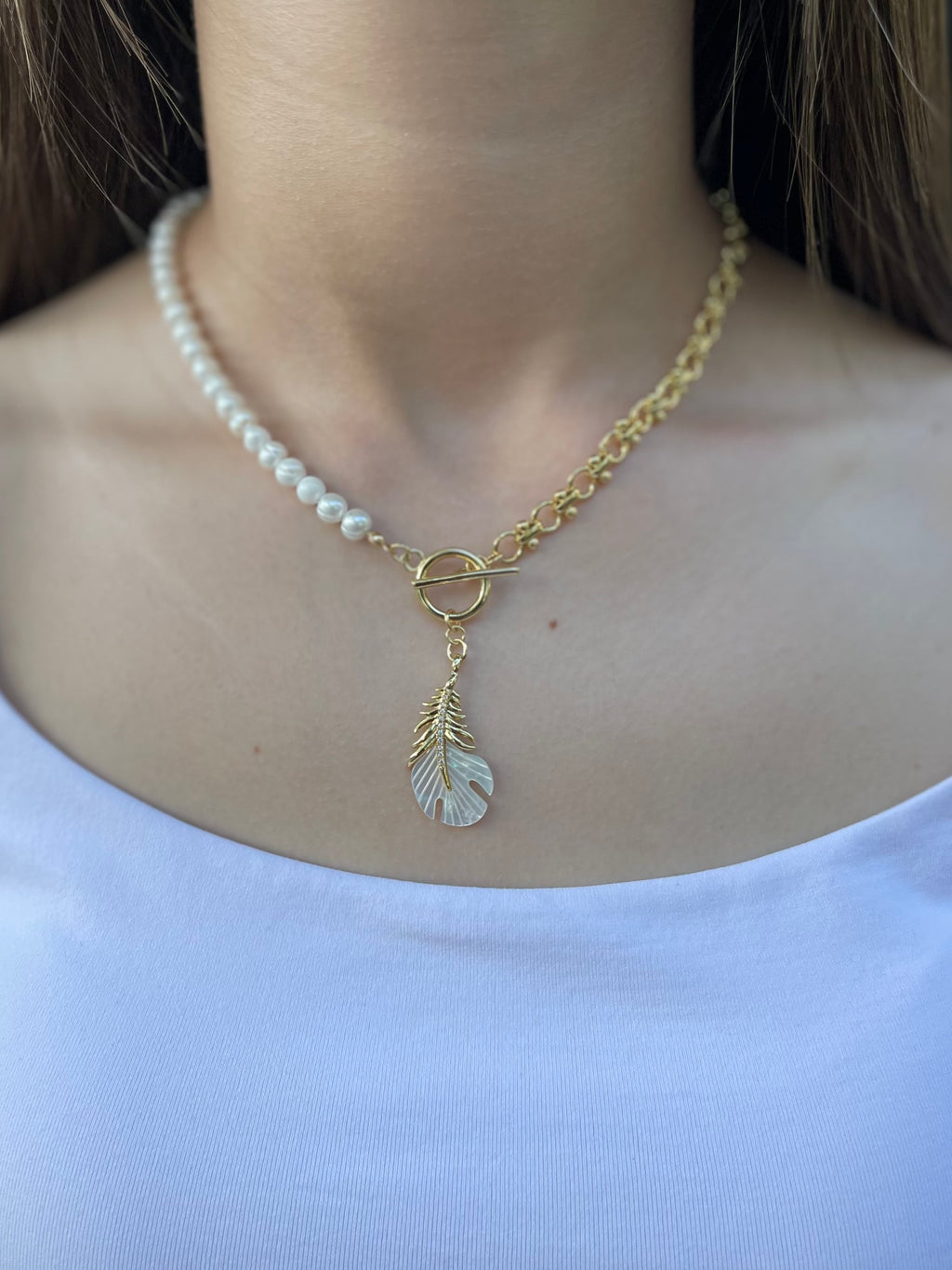 Asymmetrical Pearl Necklace with Feather Pendant, 18K Gold Plated Chain