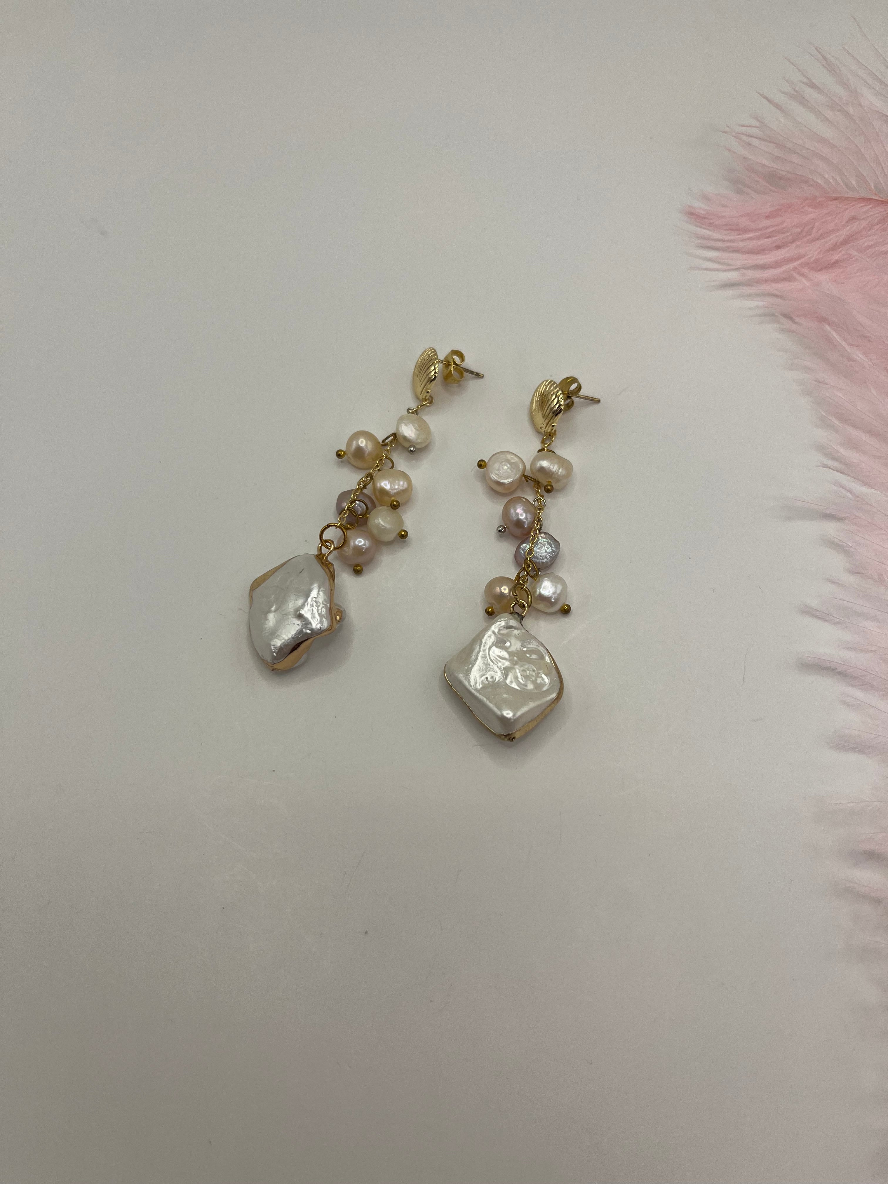 Long Natural Pearl Drop Earrings with baroque shell pendant