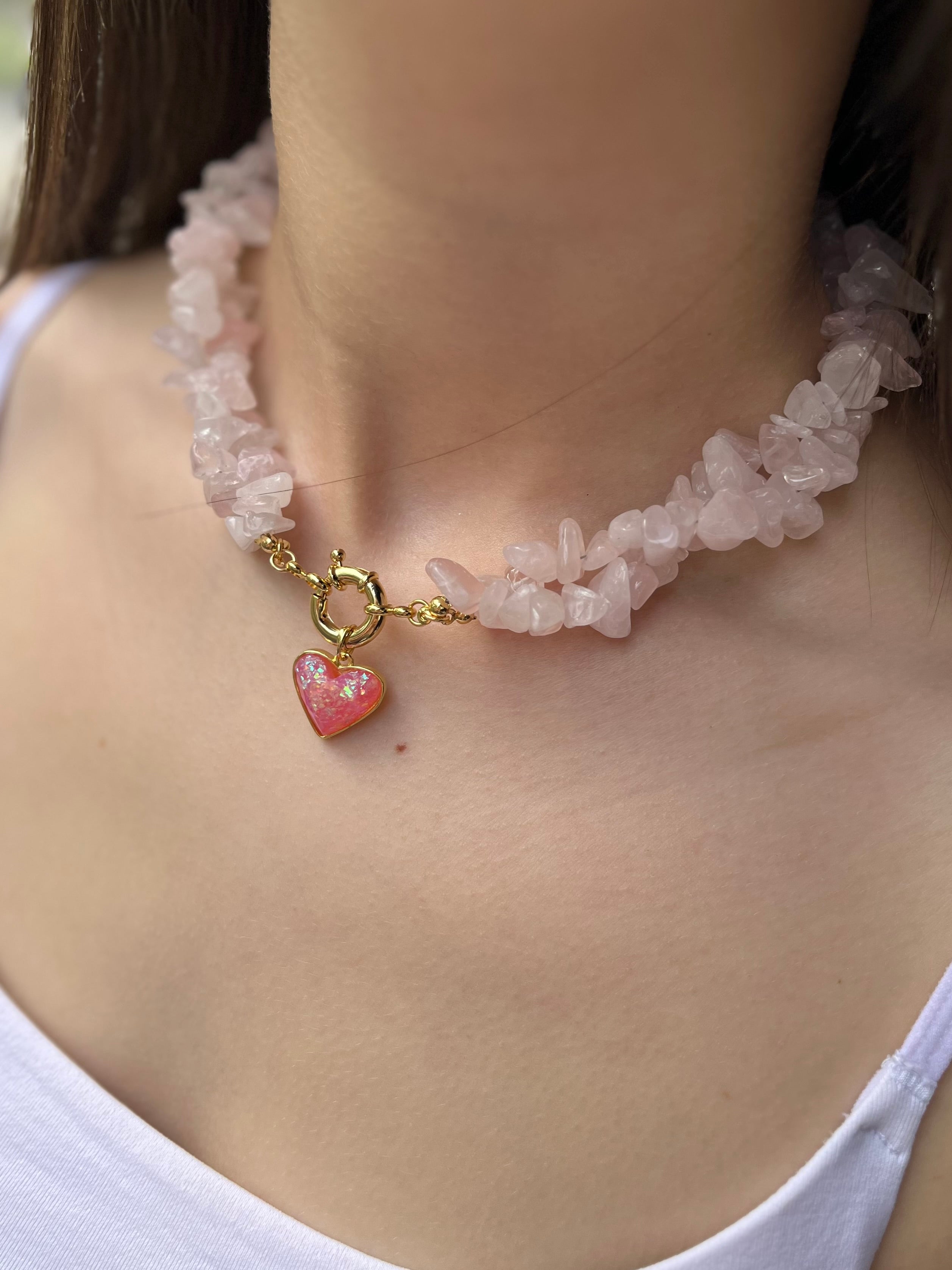 Natural Quartz Necklace with 18k gold Heart pendant