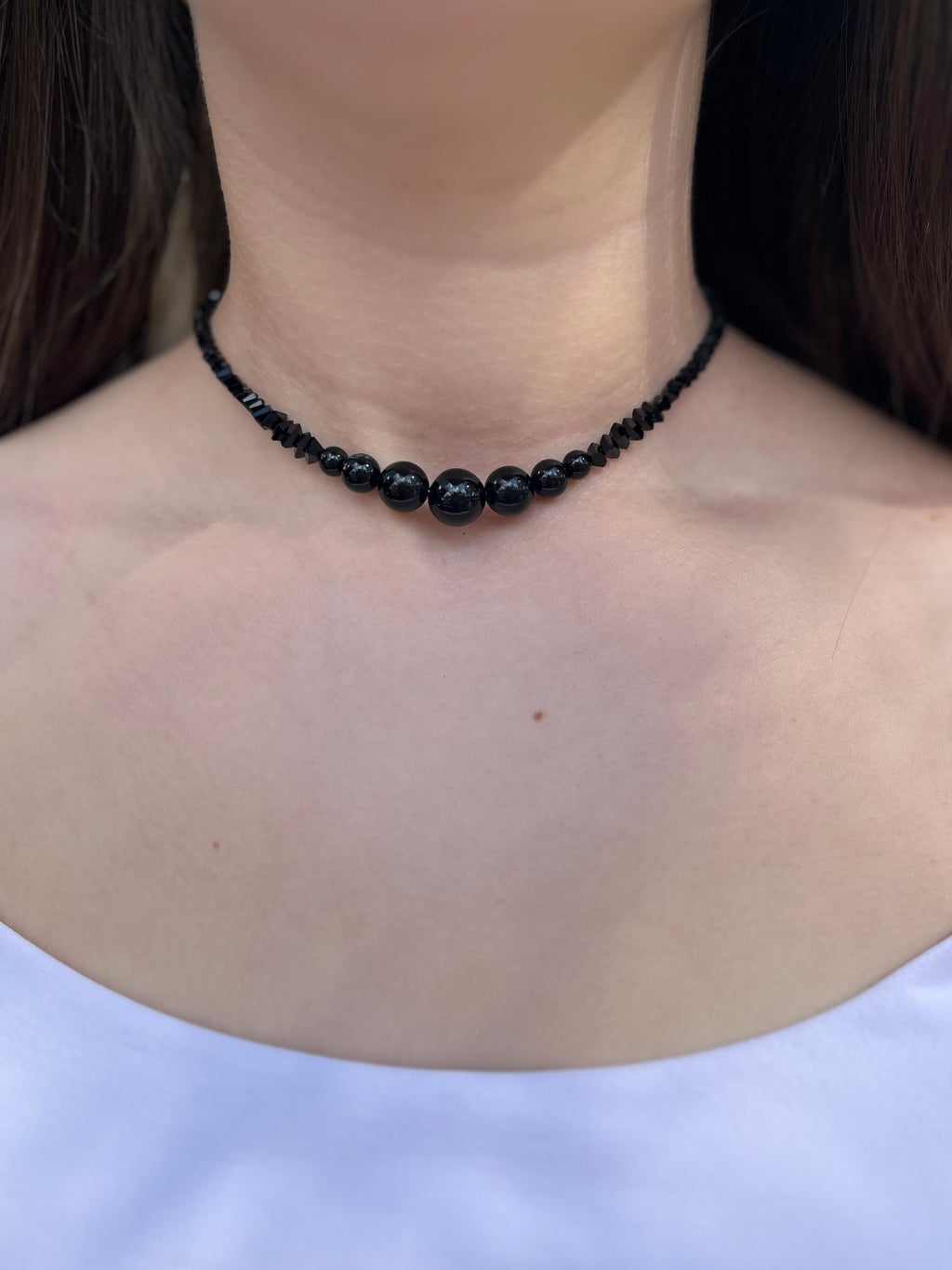 Set: Black Crystal Choker Necklace with onyx and Earrings