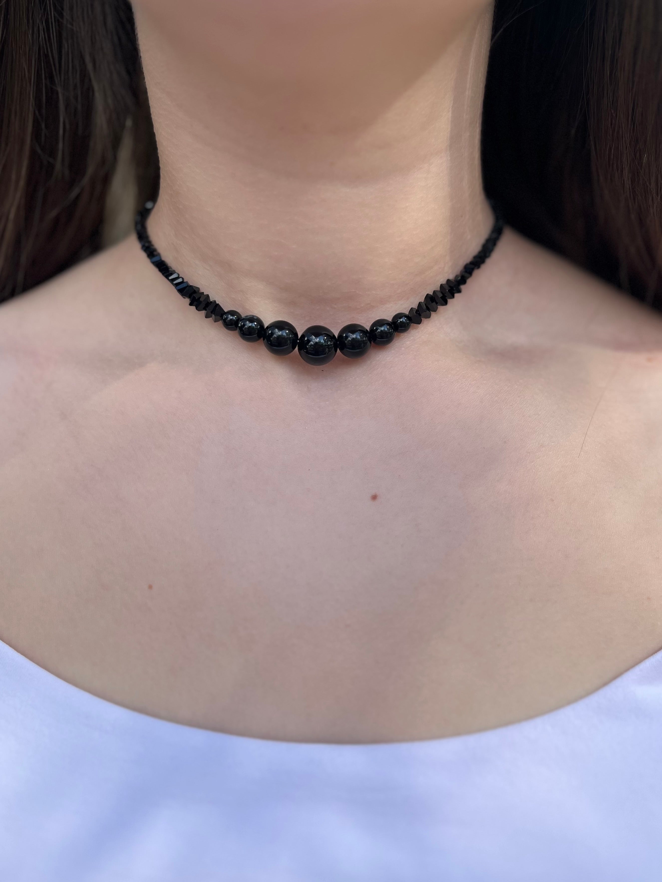 Set: Black Crystal Choker Necklace with onyx and Earrings