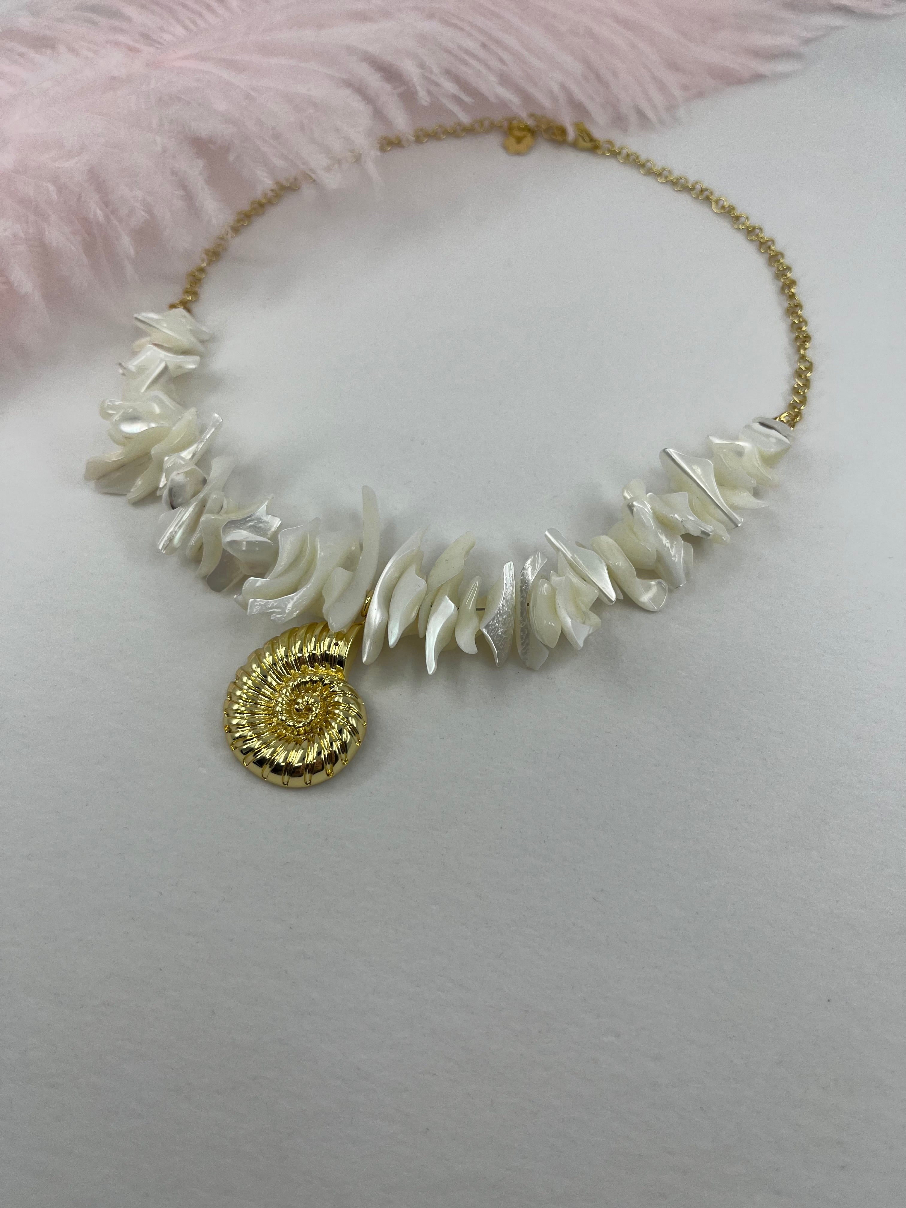 Natural Trochid Shell Necklace with Conch Charm, 18K Gold Plated