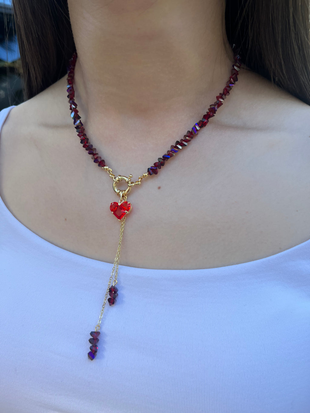 Set: Heart Crystal Burgundy Y-Necklace and Earrings – 18K Gold Plated