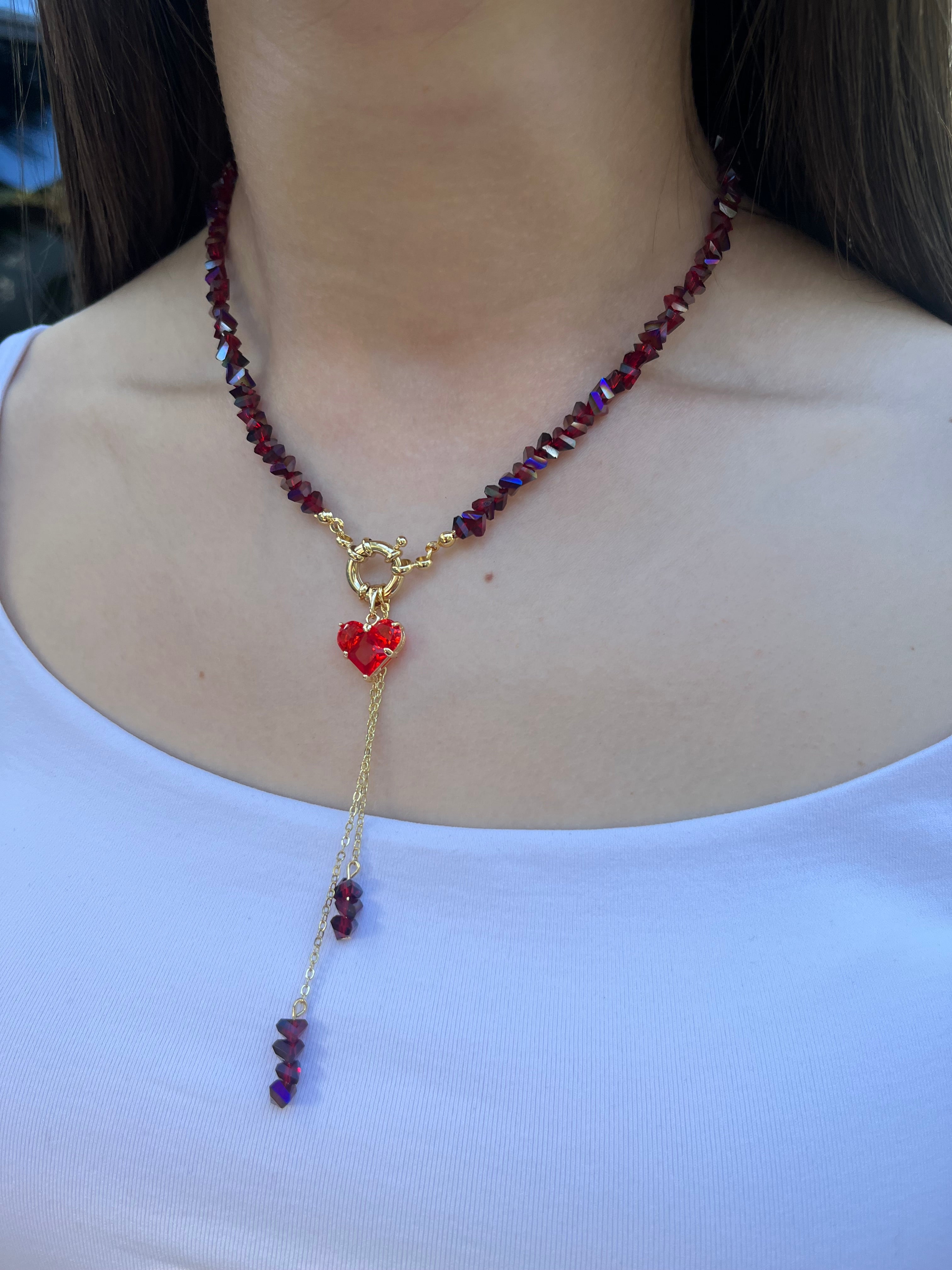 Set: Heart Crystal Burgundy Y-Necklace and Earrings – 18K Gold Plated