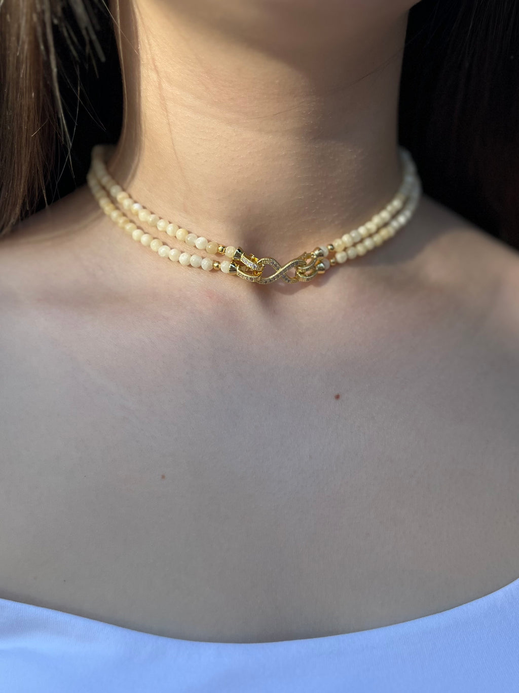 Topaz Jade Choker Necklace : 18K Gold Plated Zirconia Infinity Clasp