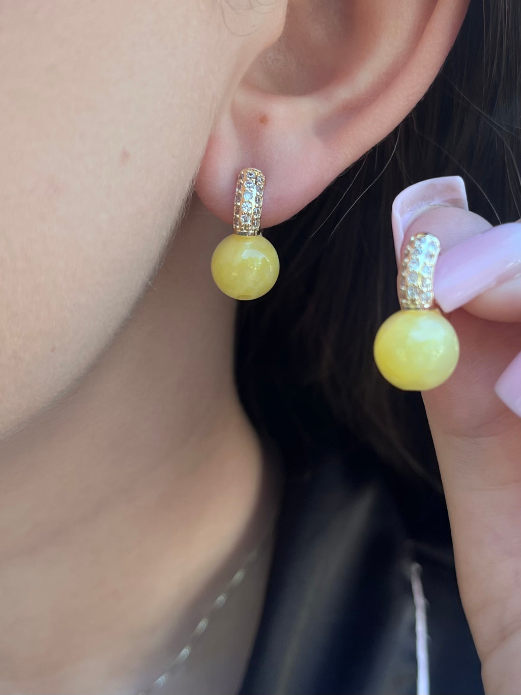 Natural yellow Jade Gold Zirconia Earrings