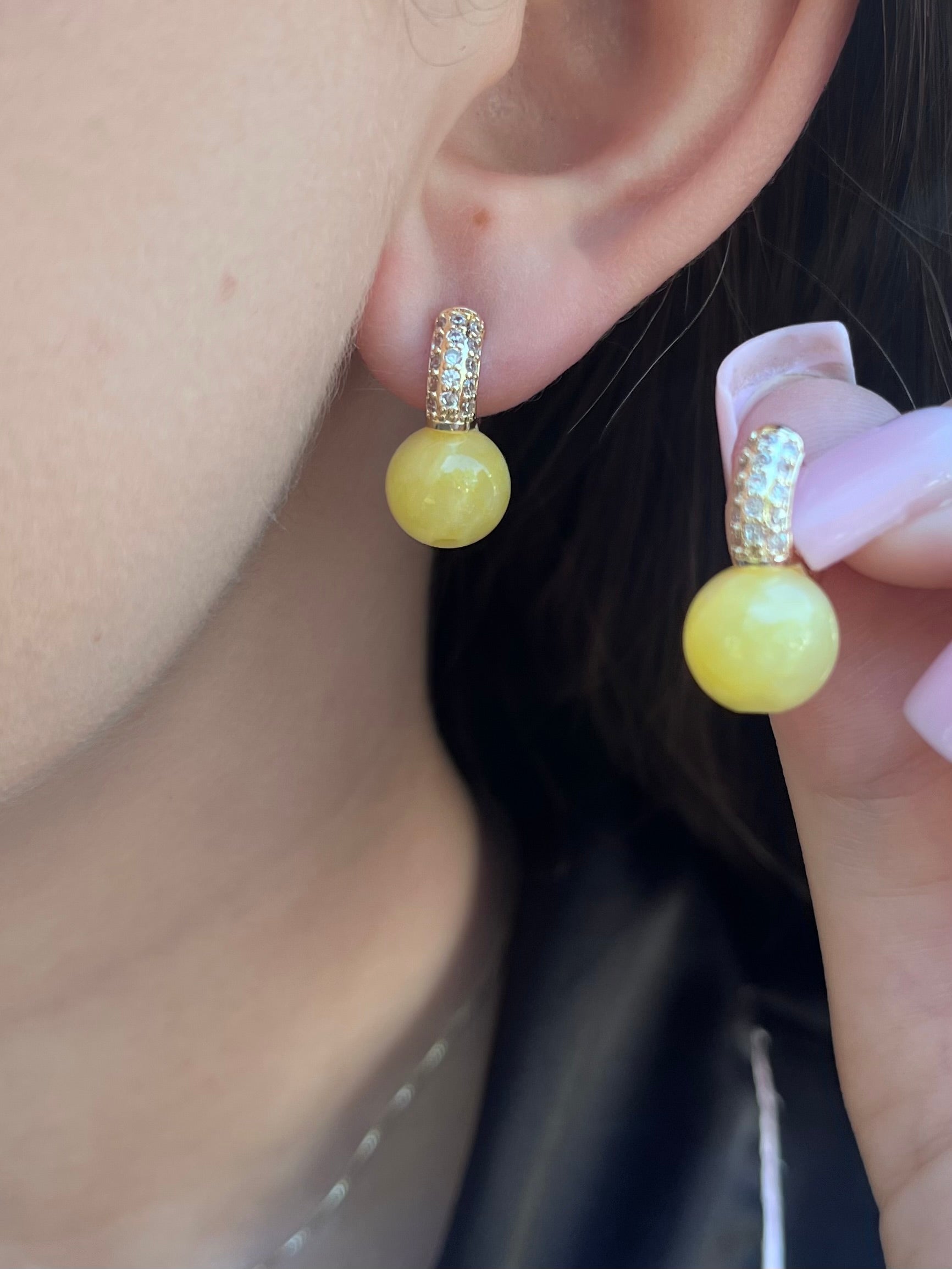 Natural yellow Jade Gold Zirconia Earrings