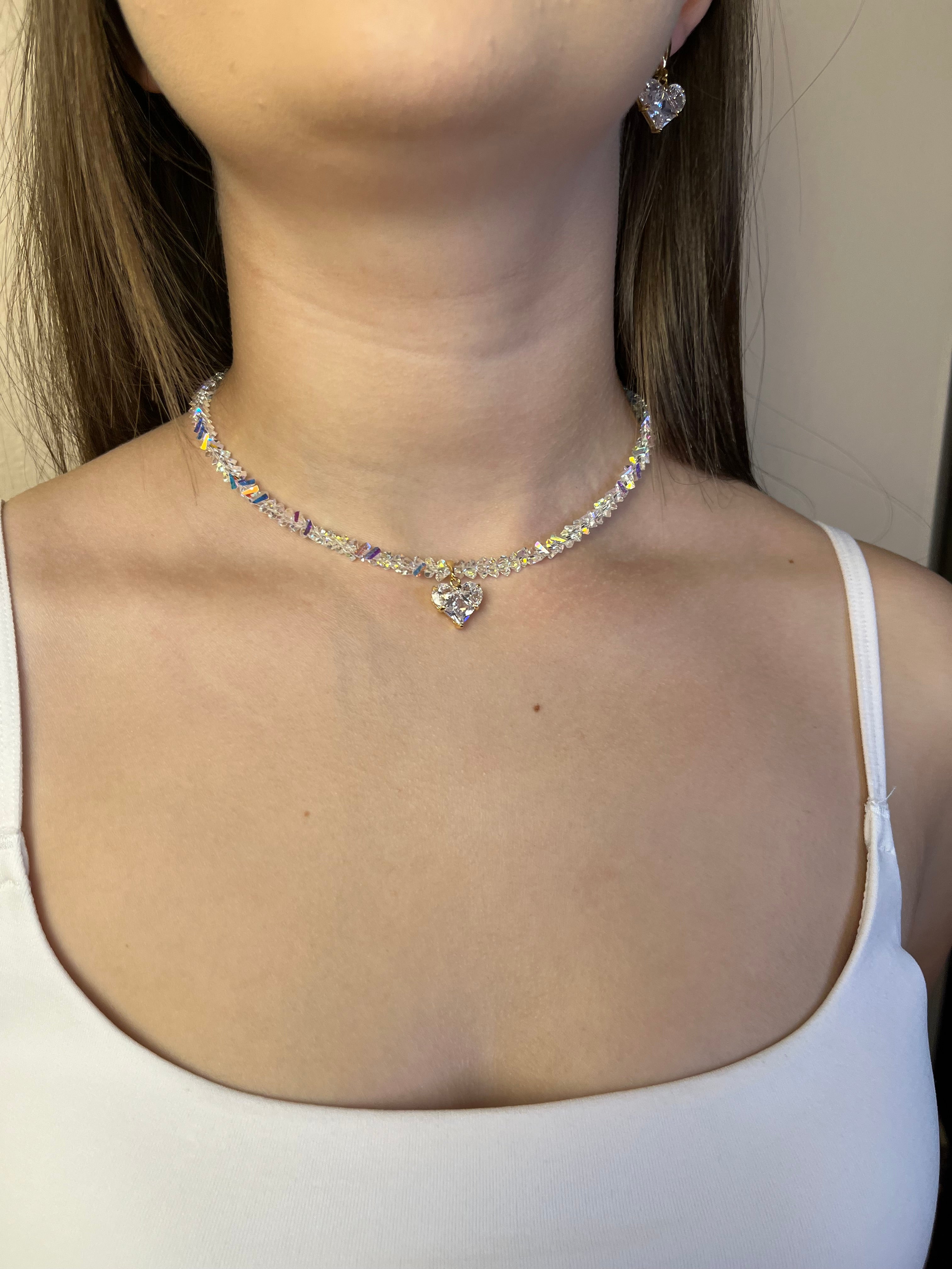Set: Heart Crystal Choker Necklace and Earrings – 18K Gold Plated, Cubic Zirconia, Nickel Free
