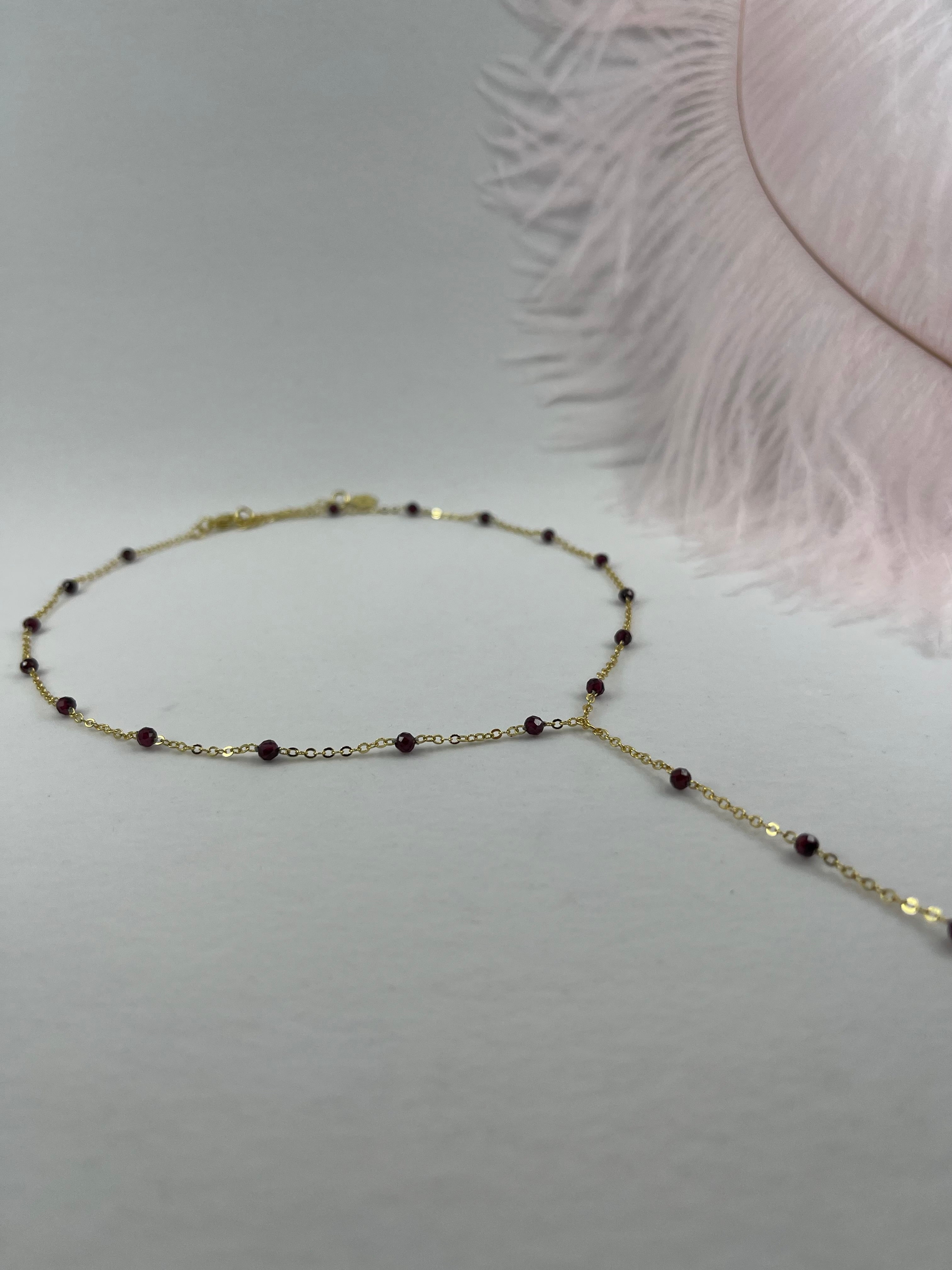 Lariat Garnet necklace , 18K gold plated