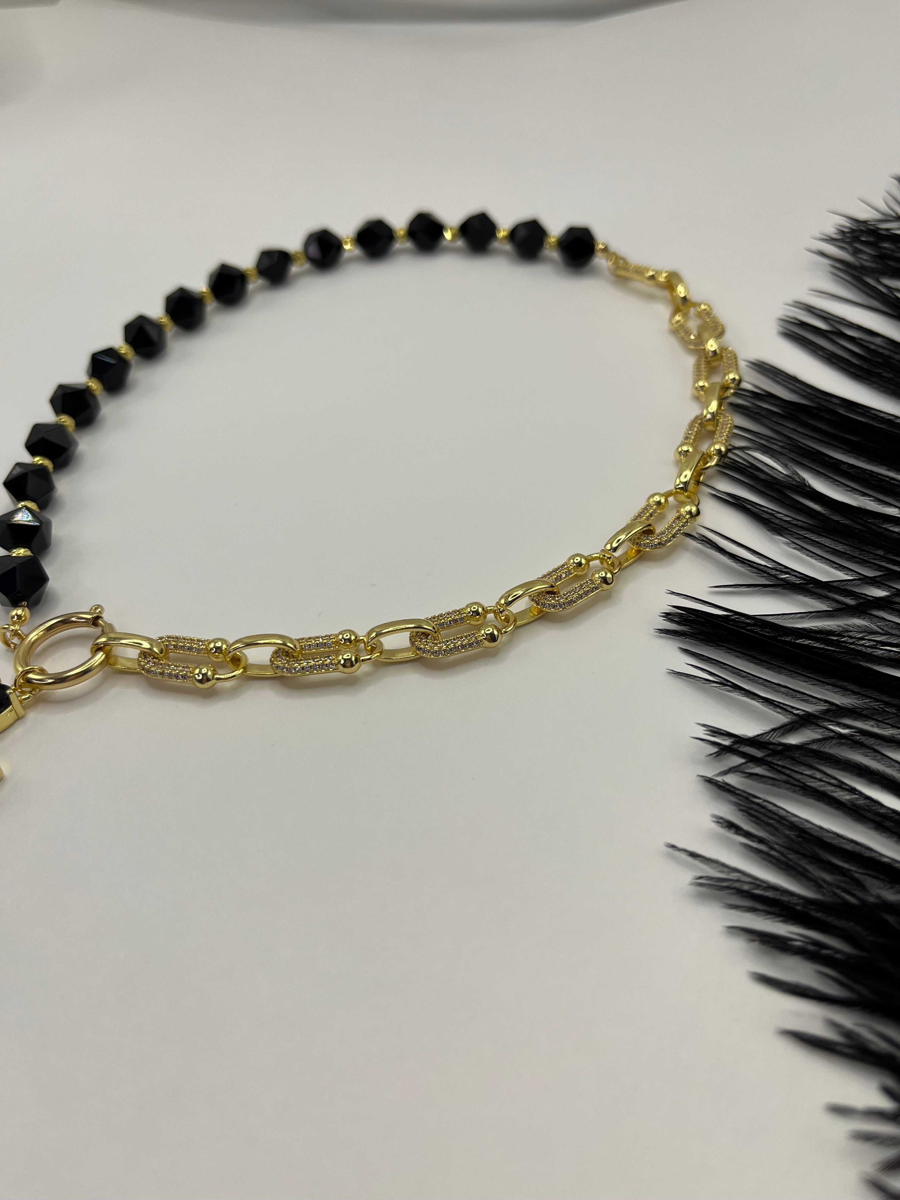 Asymmetrical Black Onyx Necklace– Cross 18K Gold Plated
