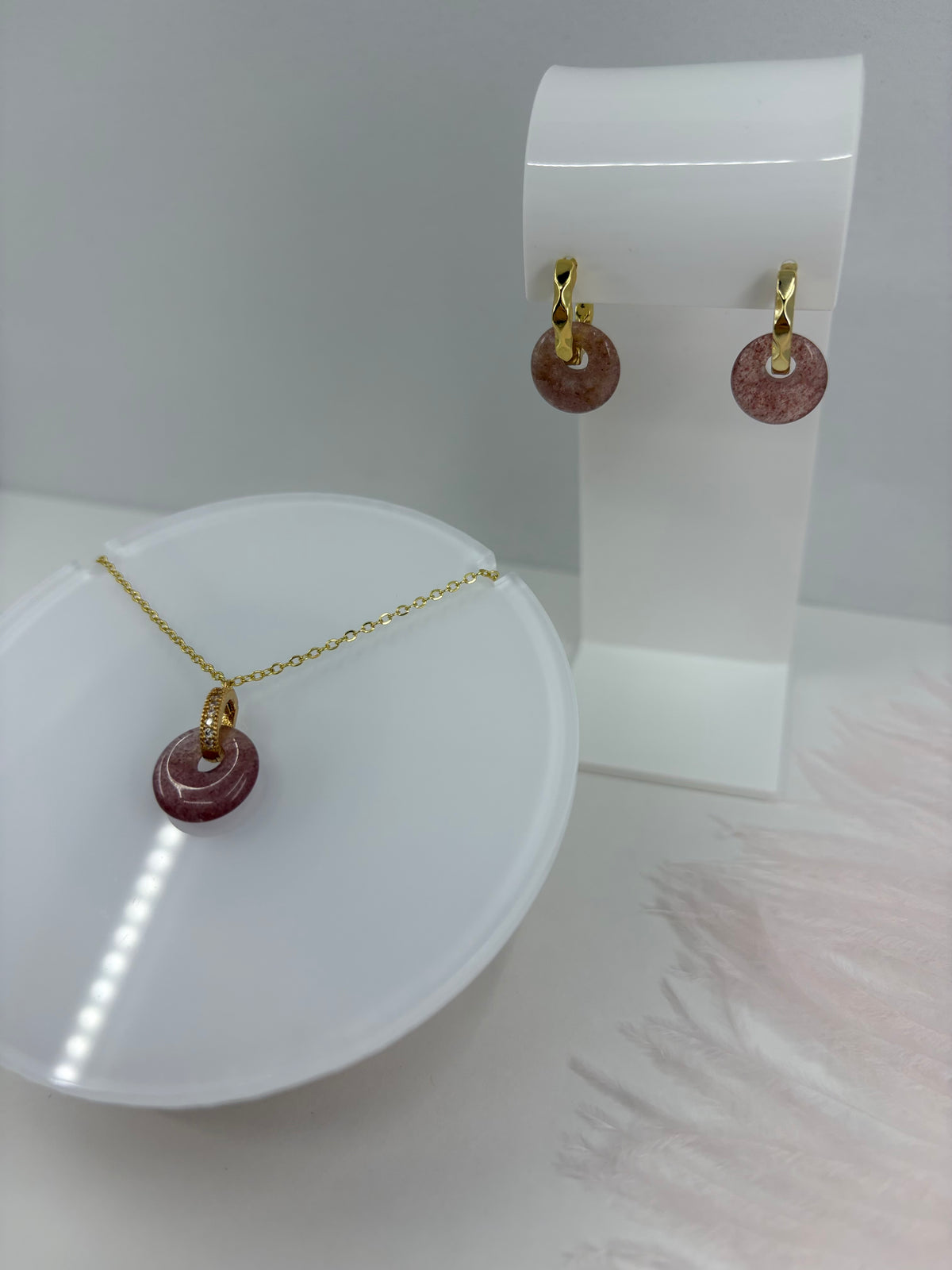 Strawberry Quartz Donut Earrings and Necklace