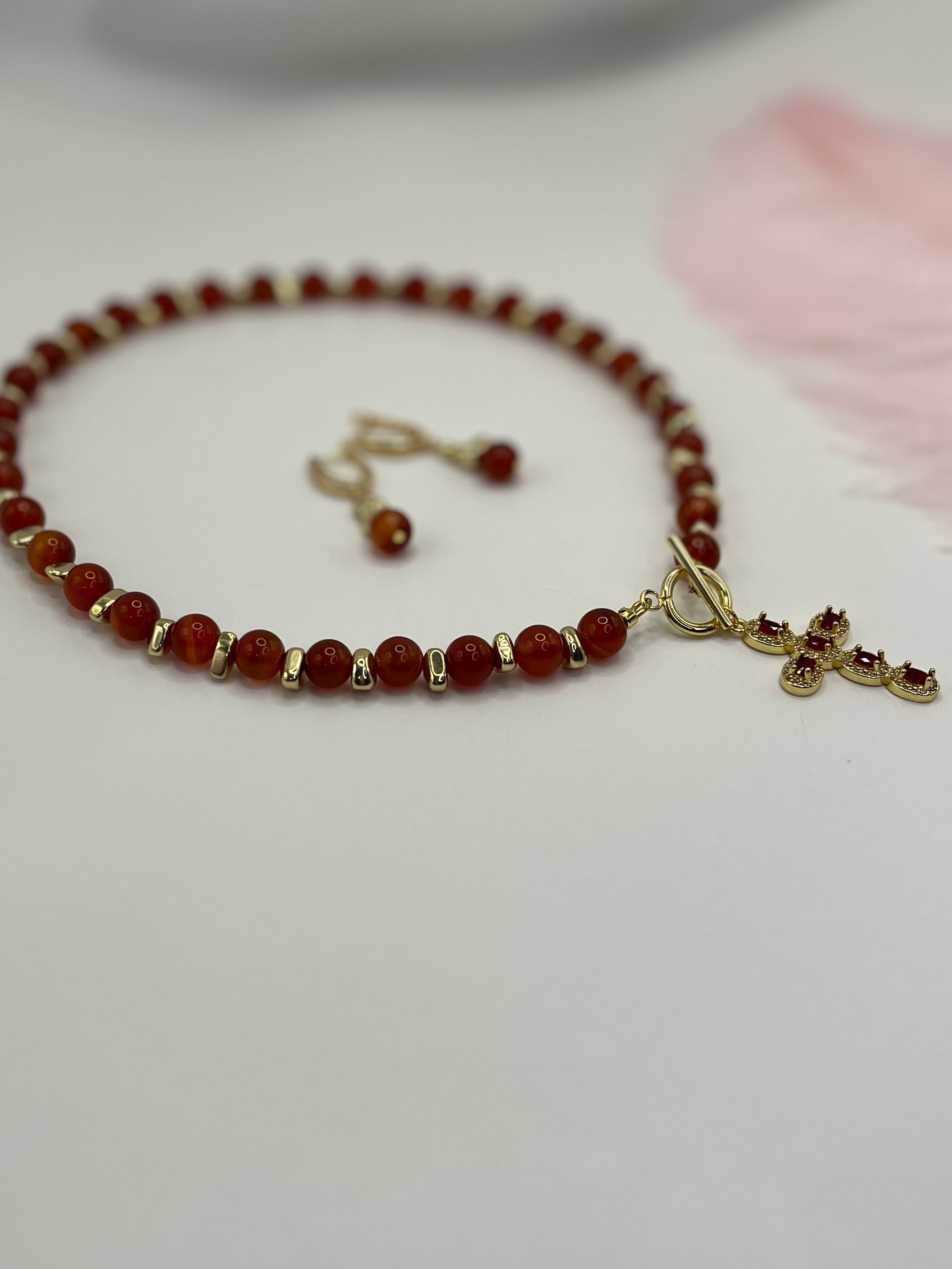 Set: Natural Carnelian Necklace with 18K Gold Cross and earrings