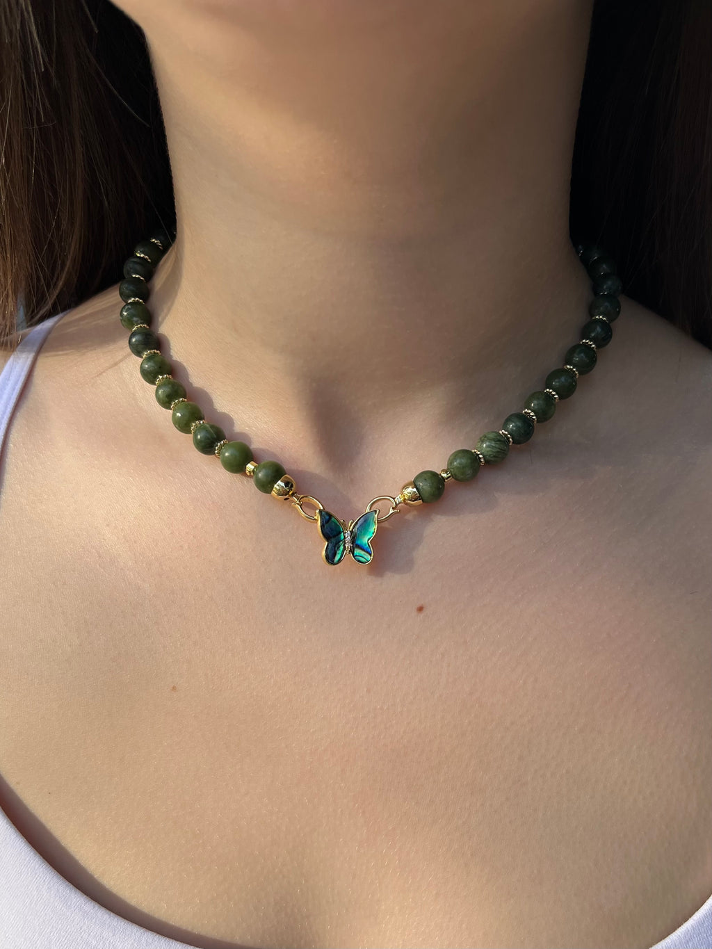 Natural Taiwan Jade Necklace with 18K Gold Butterfly Clasp