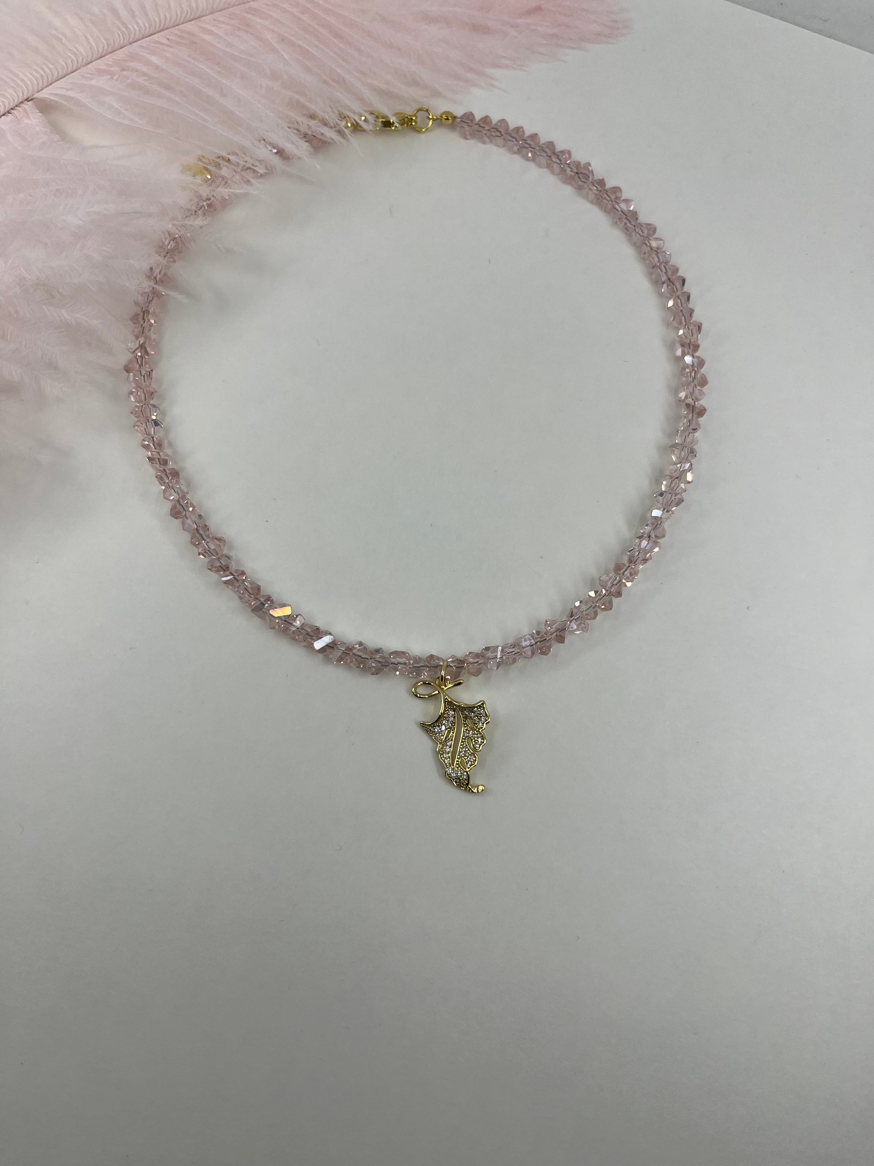 Pink crystal necklace with leaf pendant pendant