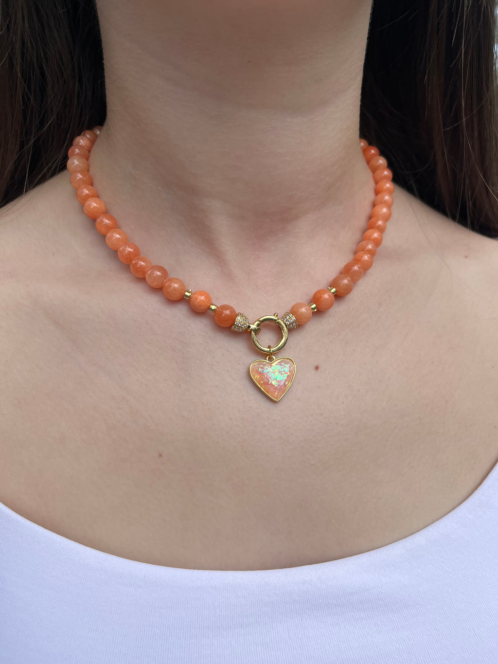 Natural Coral Jade Necklace with Heart Pendant