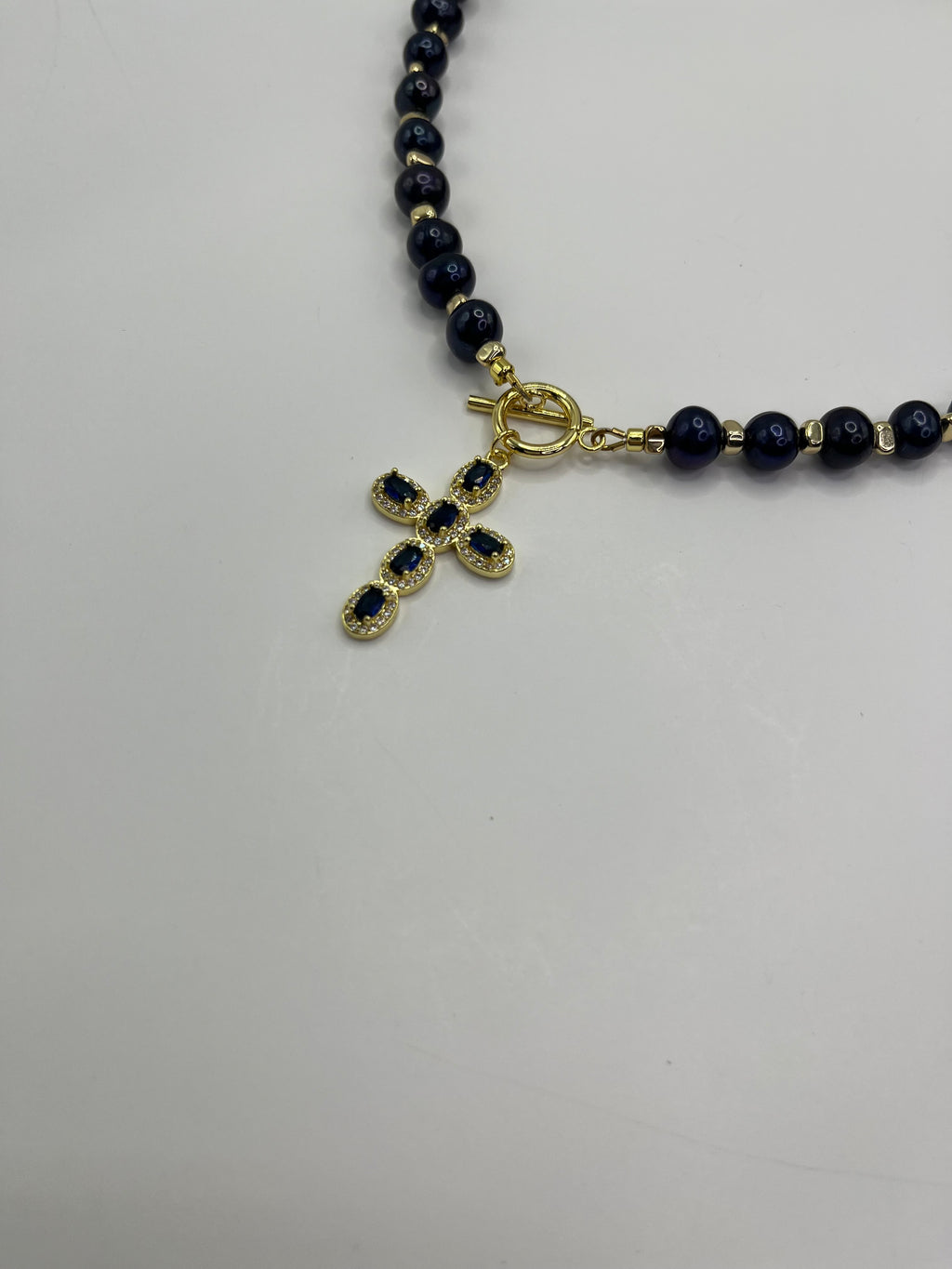 Blue Pearl Choker Necklace with Cross pendant: 18K Gold Plated