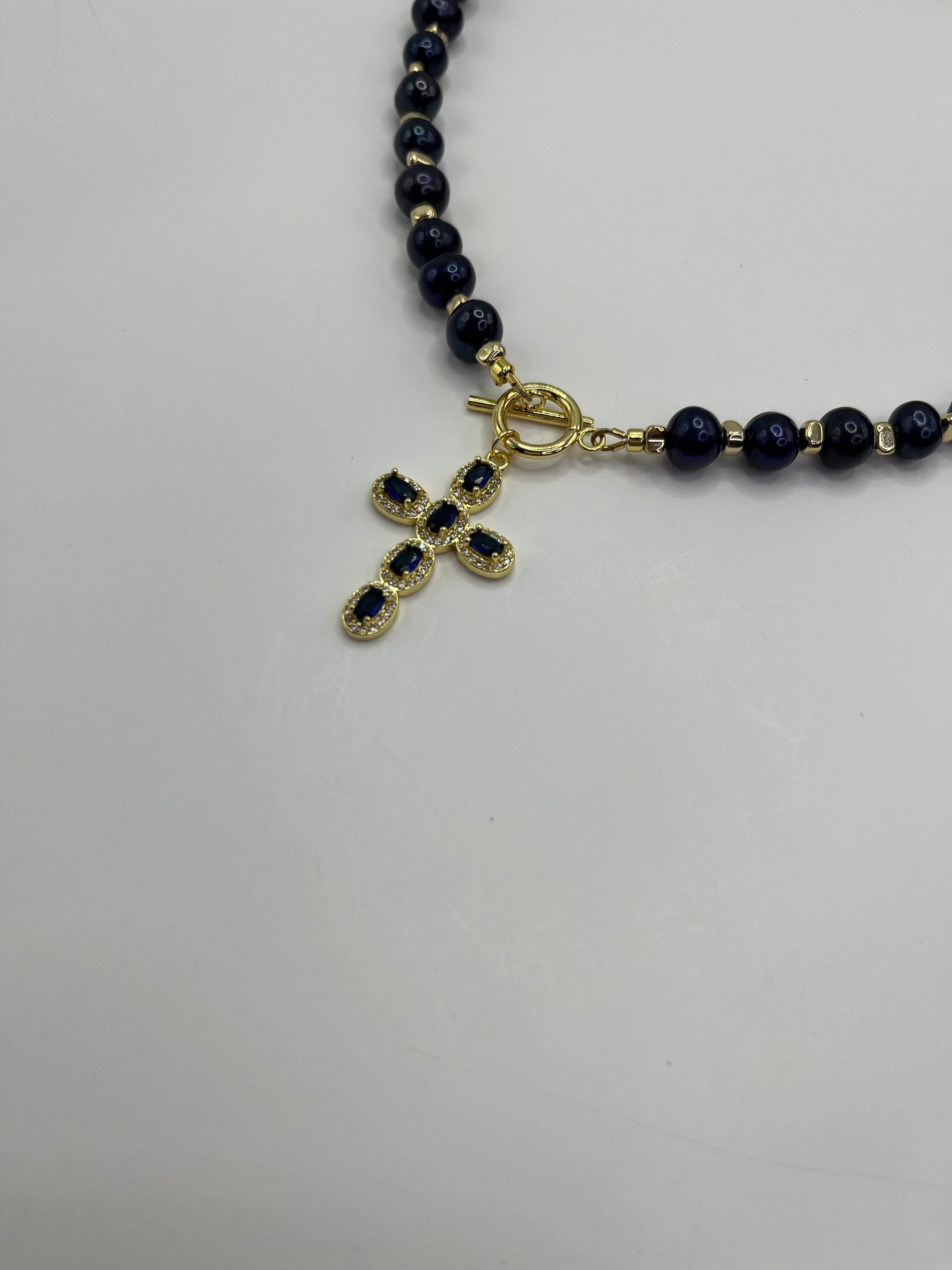 Blue Pearl Choker Necklace with Cross pendant: 18K Gold Plated