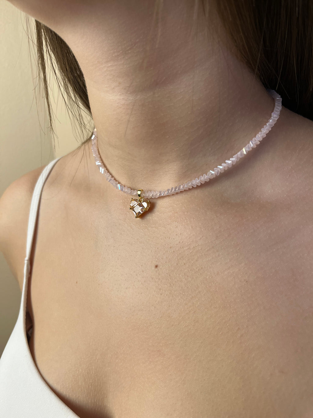 Crystal Pink Glass Bead Choker: 18K Gold Heart Pendant