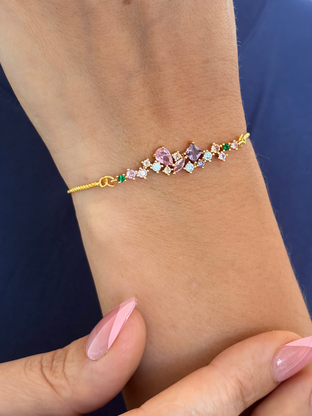 Colorful zirconia bracelet with slider chain