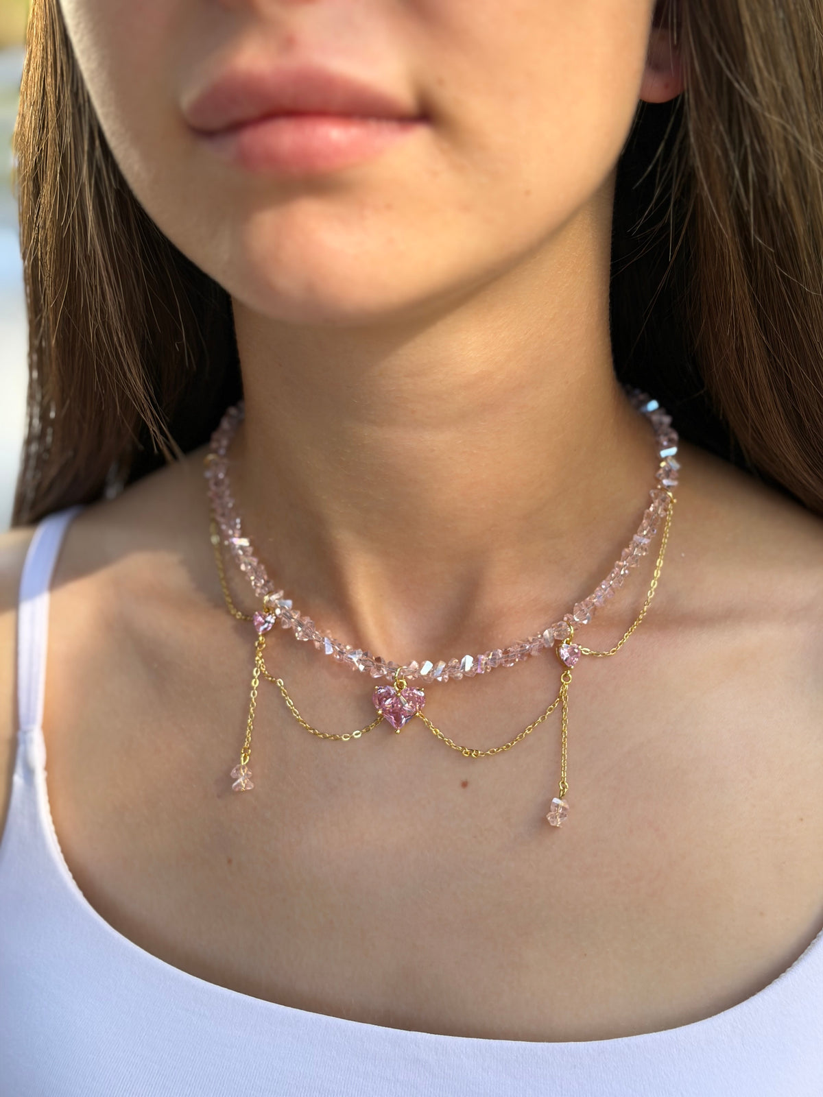 Handmade Crystal Hear Necklace, 18K Gold Plated
